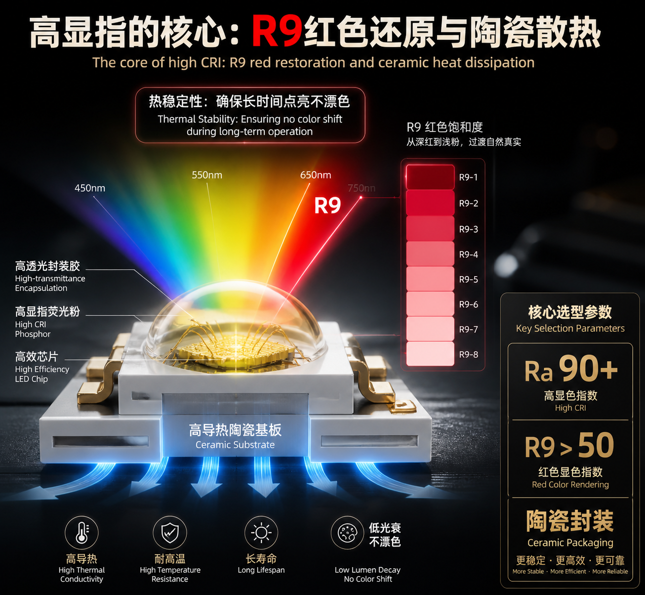 高显指陶瓷灯珠的剖面结构及光谱展示：强调高导热陶瓷基板确保热稳定性，并突出R9红色还原能力，附核心选型参数。