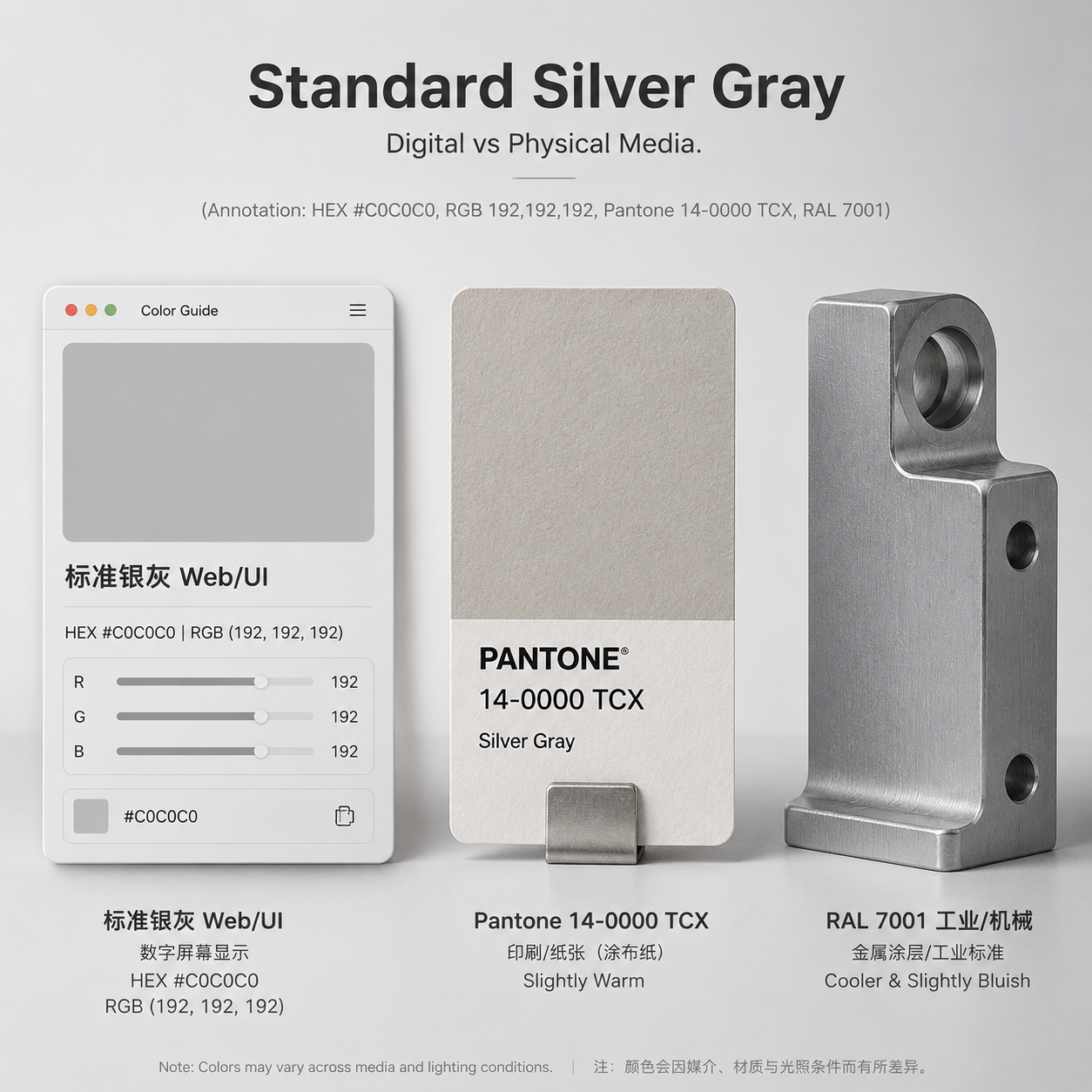 一张展示银灰色在UI设计、印刷（Pantone 14-0000 TCX）和工业涂料（RAL 7001）中不同标准色值的对比图，突出数字与物理介质间的色彩差异，并标注了HEX #C0C0C0和RGB (192,192,192)等关键数据。