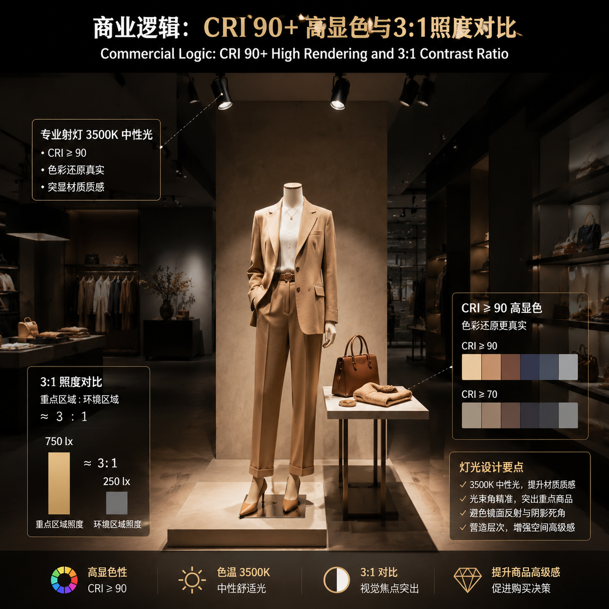 商业空间照明:高端精品店通过CRI 90+高显指射灯和3:1照度对比突出商品,提升质感