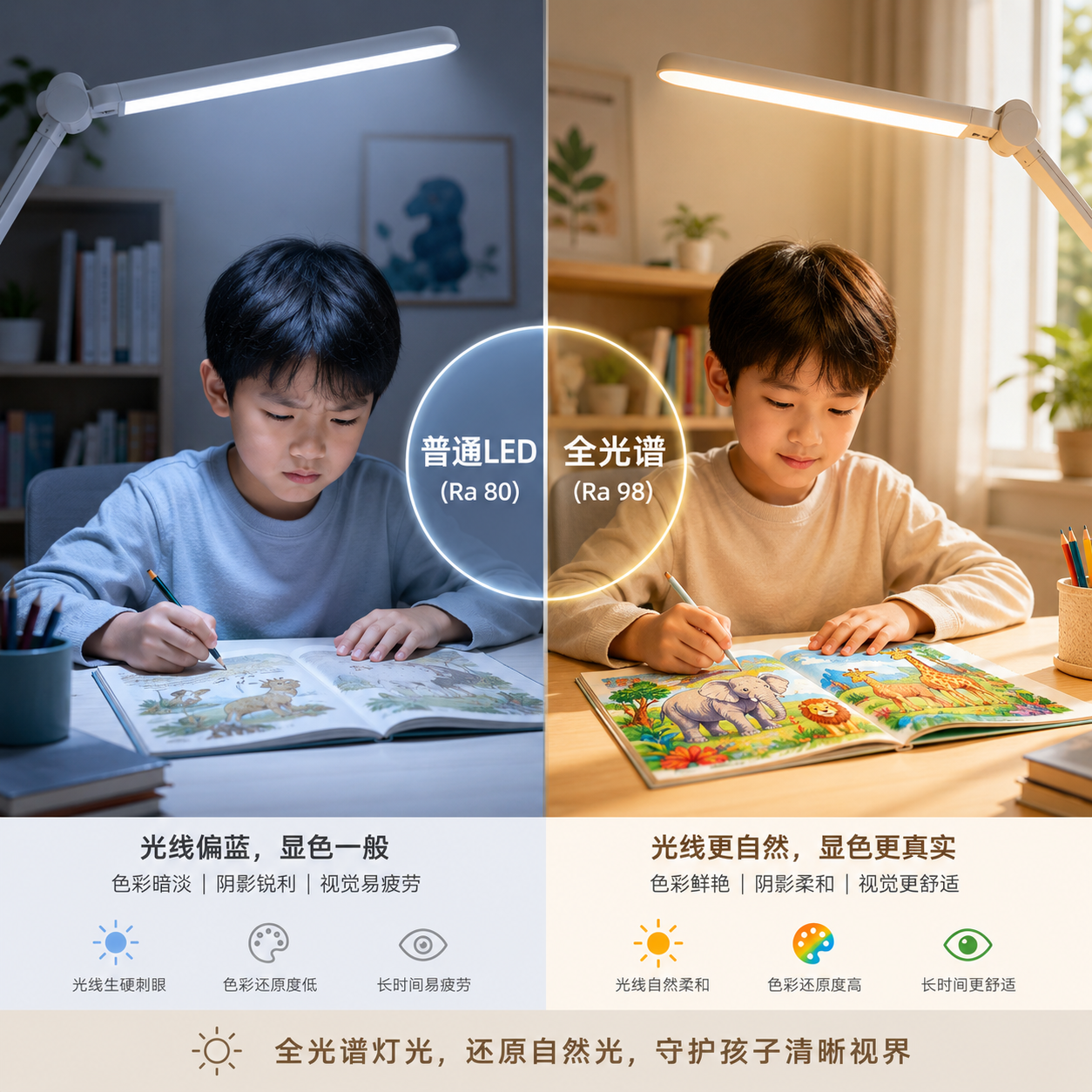 普通LED灯(左)与全光谱灯(右)在儿童学习场景下的视觉对比,展示全光谱灯更自然的色彩还原和柔和光线对舒适度的提升。