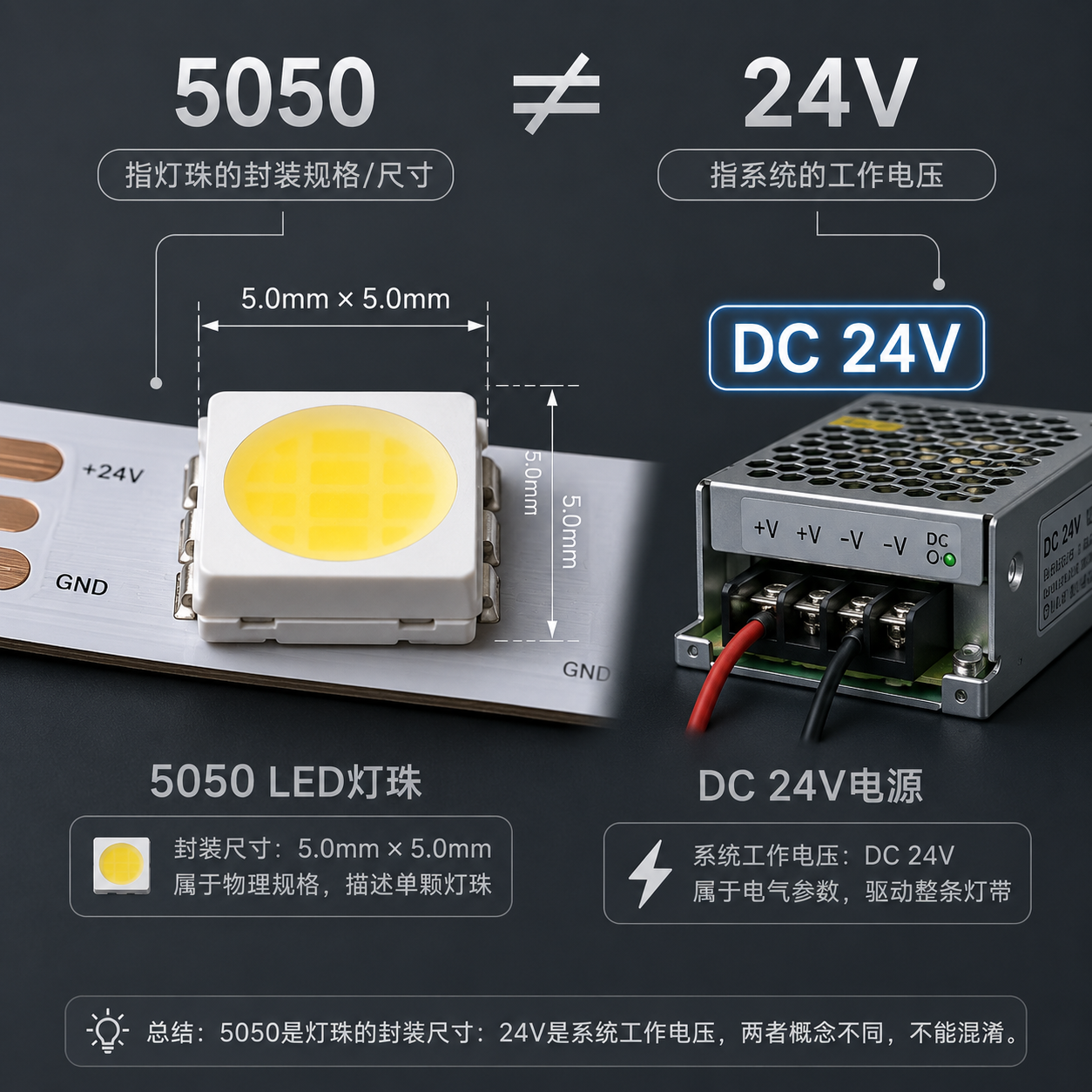 5050灯珠尺寸与24V系统电压概念示意图
