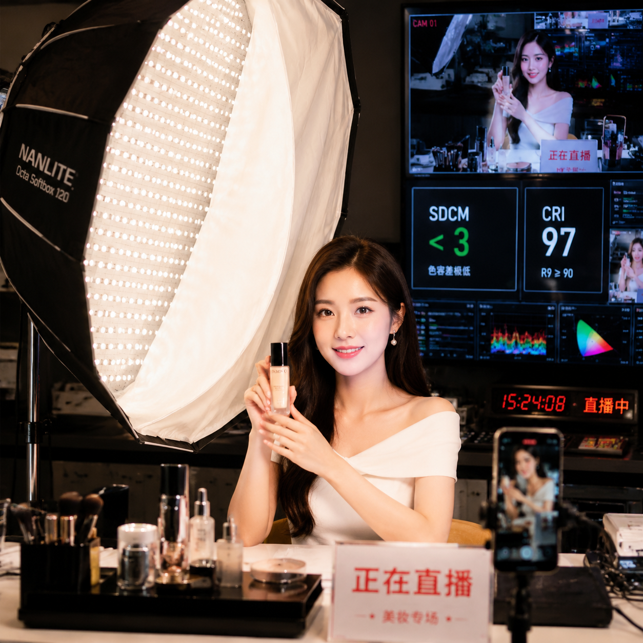 商业美妆直播间内,模特在八角柔光箱(内嵌陶瓷灯珠)补光下呈现的自然红润肤色和完美眼神光。