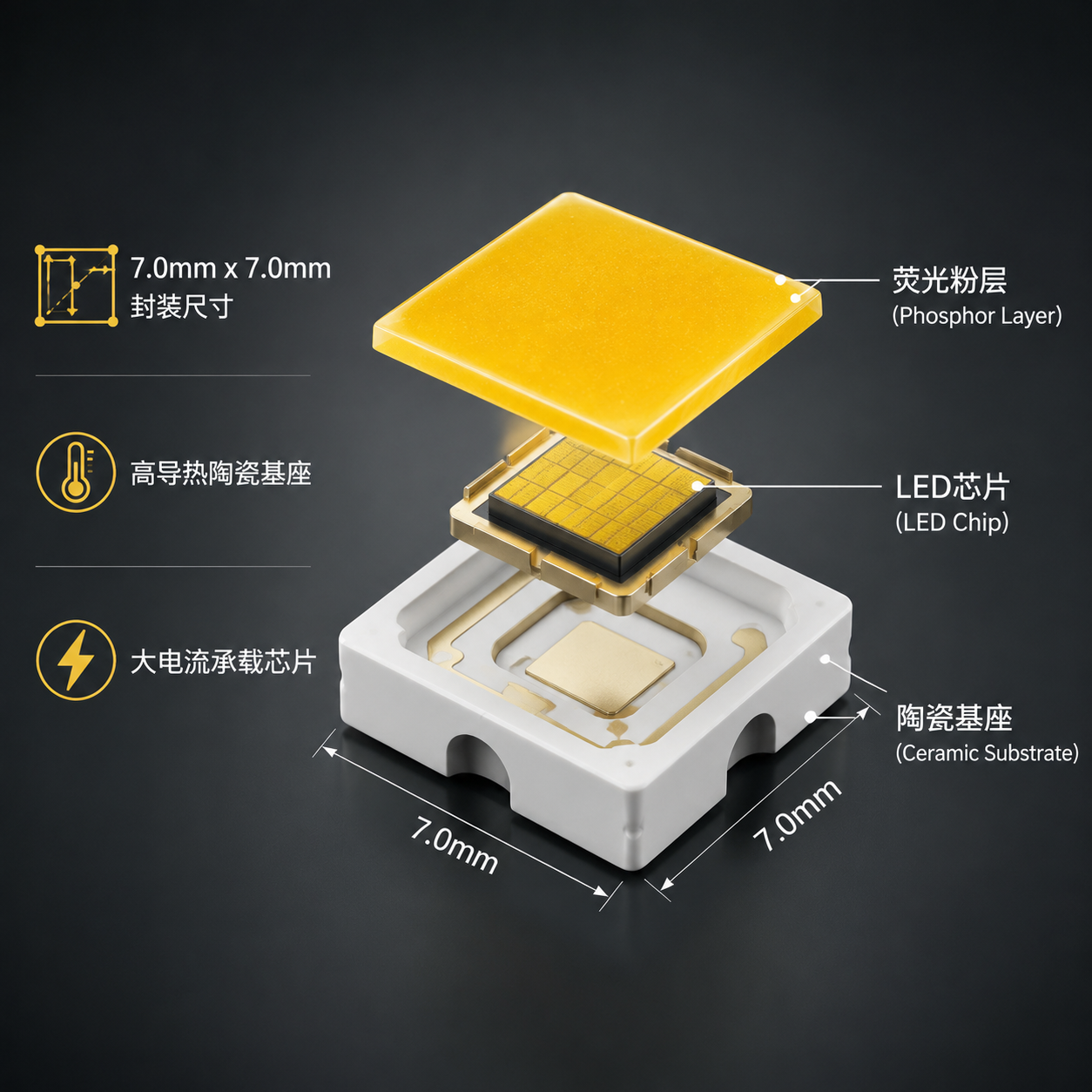 7070陶瓷大功率灯珠的内部结构示意图,展示了LED芯片、陶瓷基座和荧光粉层。