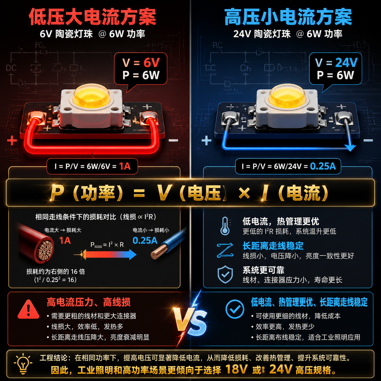 功率P=V×I公式的视觉化解释，对比低压大电流（如6V）与高压小电流（如24V）方案在相同功率下的电流、线损及热管理差异，说明高压方案在工业和高功率场景的优势。