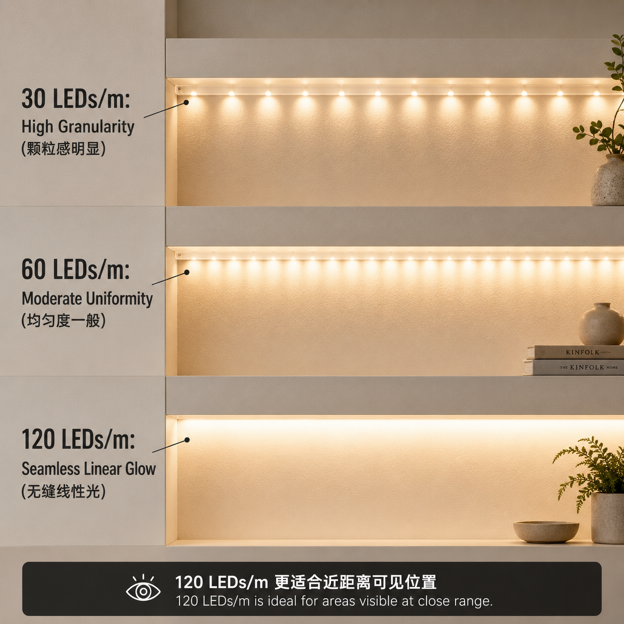 30珠、60珠与120珠5050RGB灯带光效对比图,突出120珠更均匀的线性发光效果