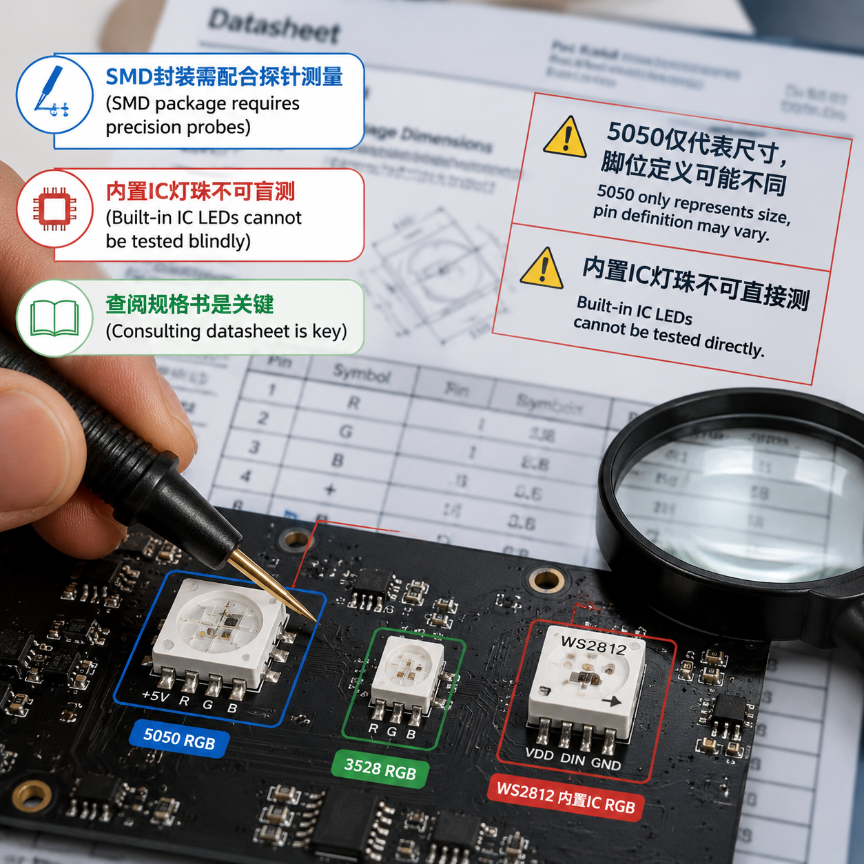 rgb灯珠测针脚：用万用表快速分清R、G、B和公共脚