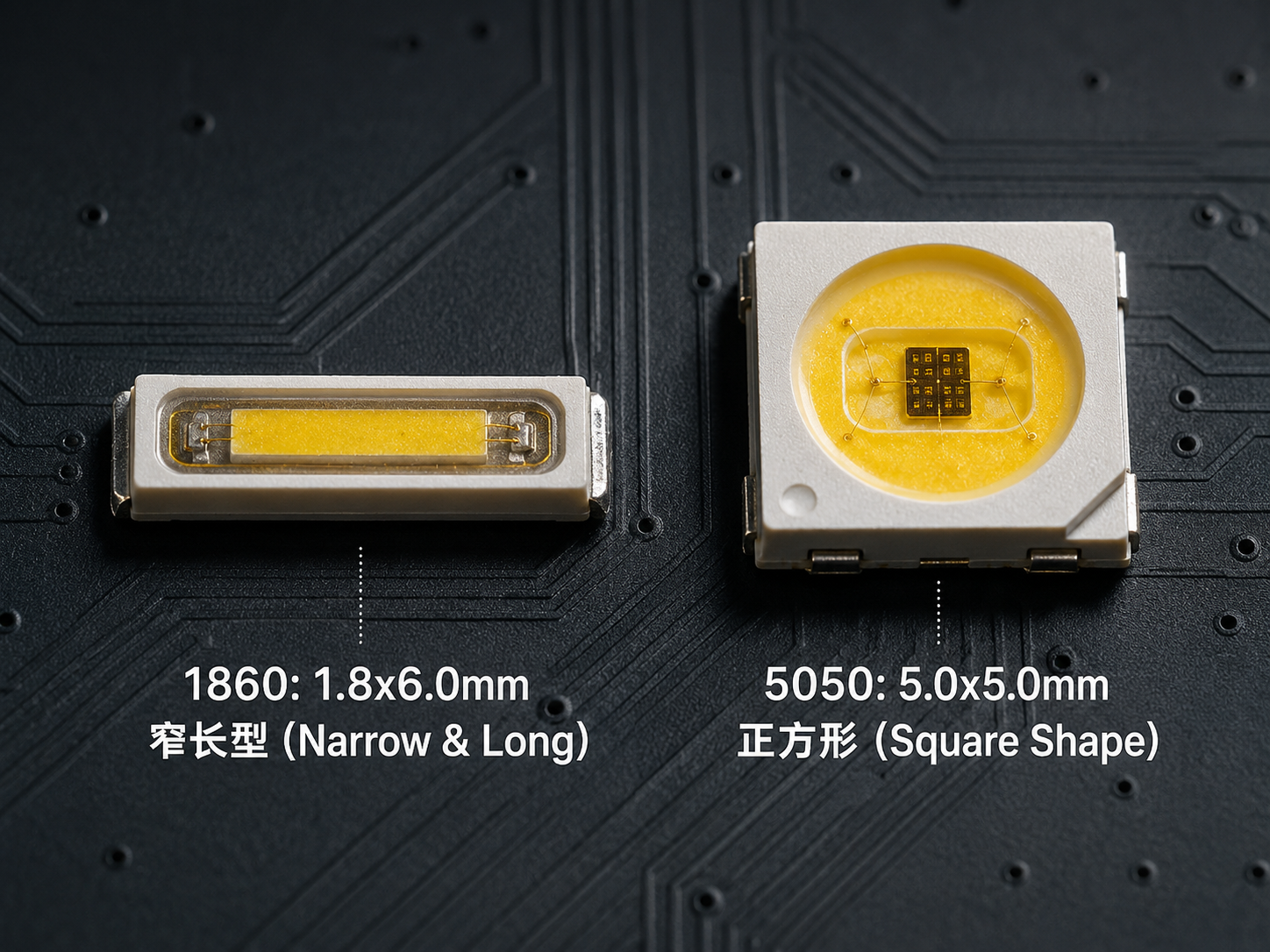 1860和5050灯珠的外形尺寸对比图,展示1860的窄长型(1.8x6.0mm)与5050的方形(5.0x5.0mm)。