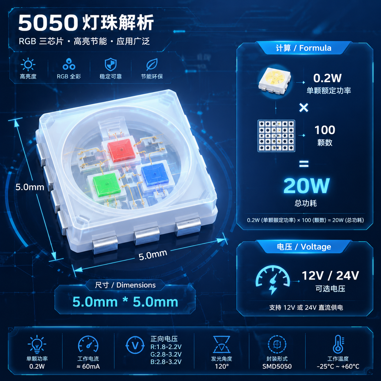 5050灯珠的3D结构图与参数解析，展示其5.0x5.0mm尺寸、RGB内部芯片，并用公式图解100颗0.2W灯珠如何组成20W系统。