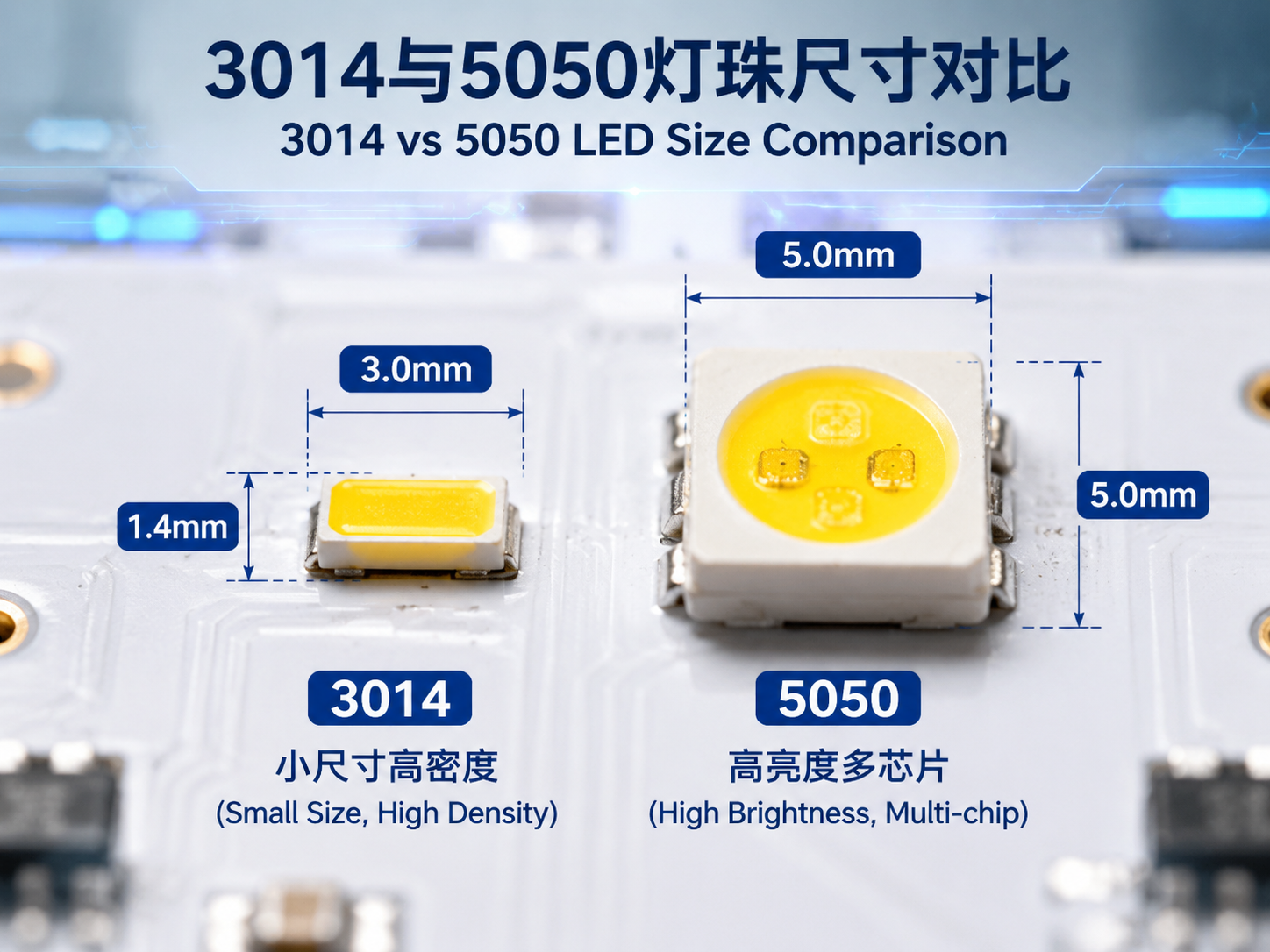 3014灯珠与5050灯珠尺寸对比图，展示3014的3.0x1.4mm小尺寸高密度特性和5050的5.0x5.0mm大尺寸多芯片高亮度特性