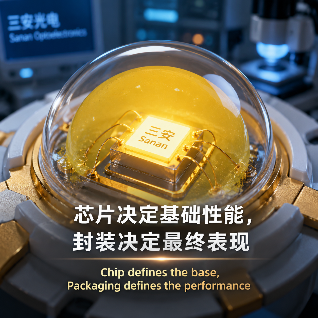 LED灯珠内部结构宏观图，展示三安芯片与封装工艺，强调芯片决定基础性能，封装决定最终表现。