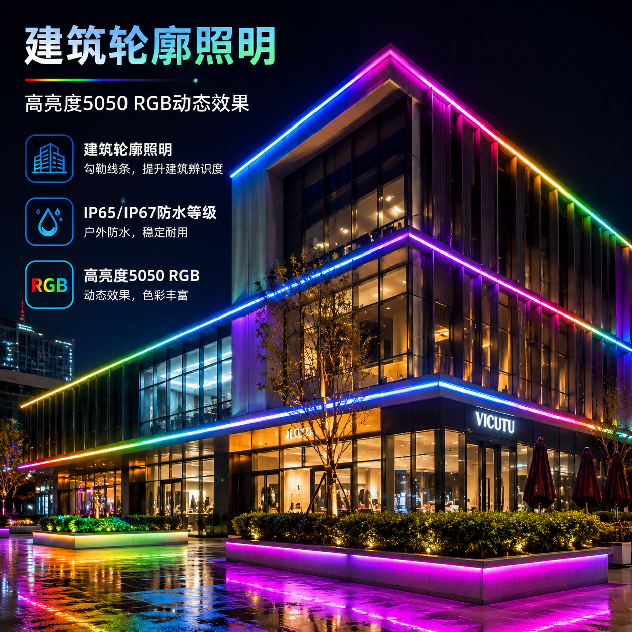 220V 5050 RGB灯带在现代建筑户外景观亮化中的应用实景图，展示其作为楼体轮廓照明和外立面装饰的连续光效与防水性能。