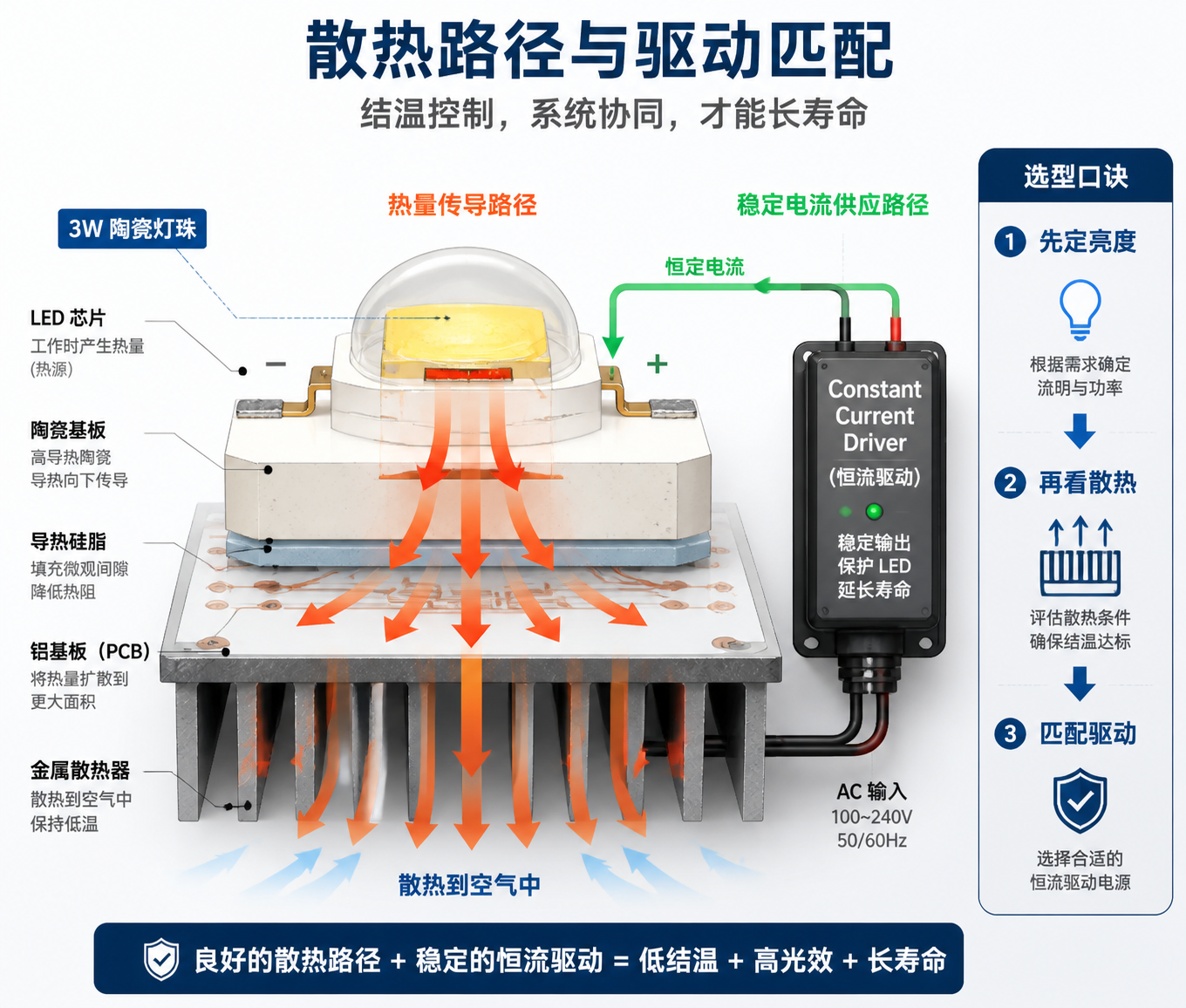 陶瓷灯珠散热路径与恒流驱动匹配技术解剖图：可视化热量传导，并强调驱动稳定性及选型口诀