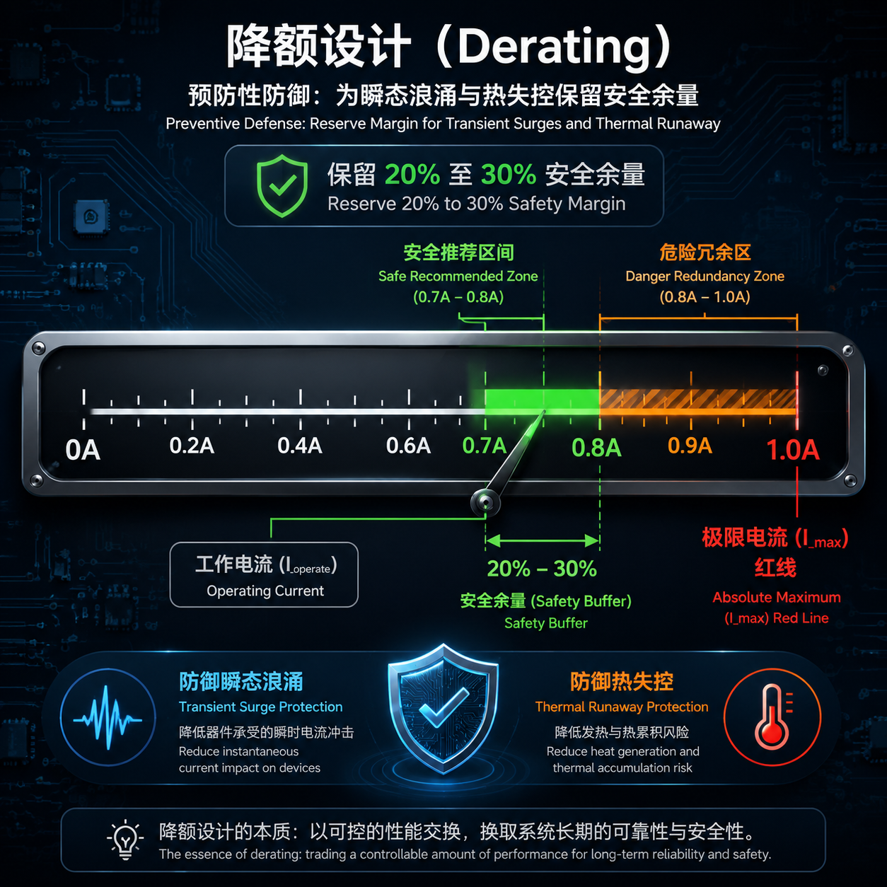 一张显示电流降额设计的仪表盘,最大电流为1A的红线,而指针稳定在0.7A至0.8A的绿色安全推荐区间内,强调为避免热失控而保留20%至30%的安全余量。