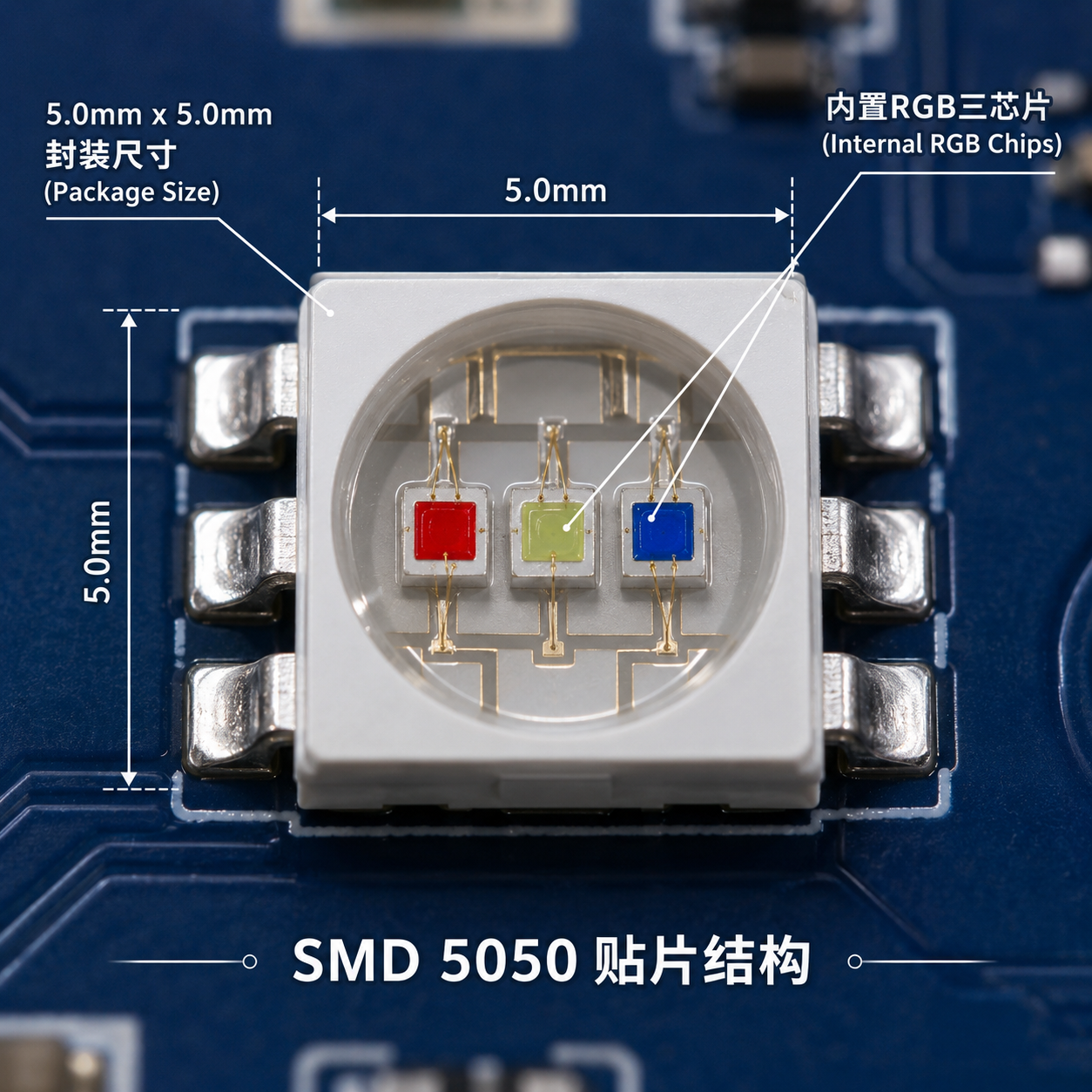 3色5050灯珠的微距结构图，清晰展示5.0x5.0mm封装尺寸、内部红绿蓝三颗芯片及SMD贴片结构