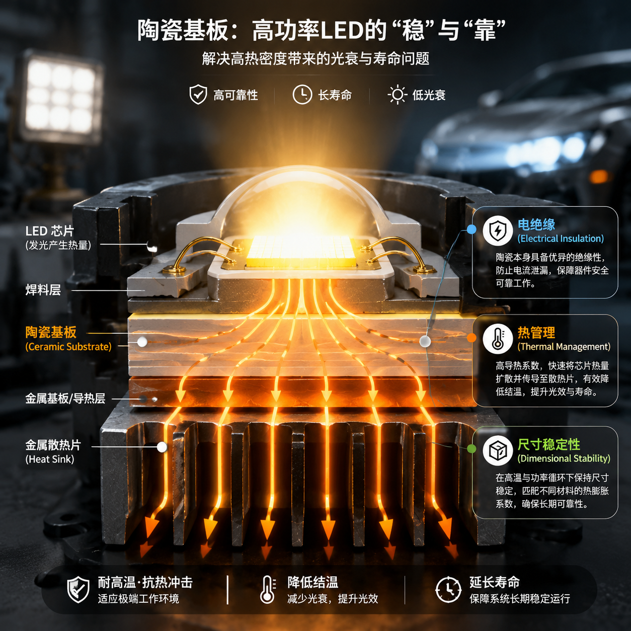 高功率LED封装中的陶瓷基板3D剖切示意图：展示LED芯片产生的热量如何通过陶瓷基板高效传导，同时突出陶瓷在电绝缘、热管理和尺寸稳定性方面的关键作用，确保LED长期可靠运行。