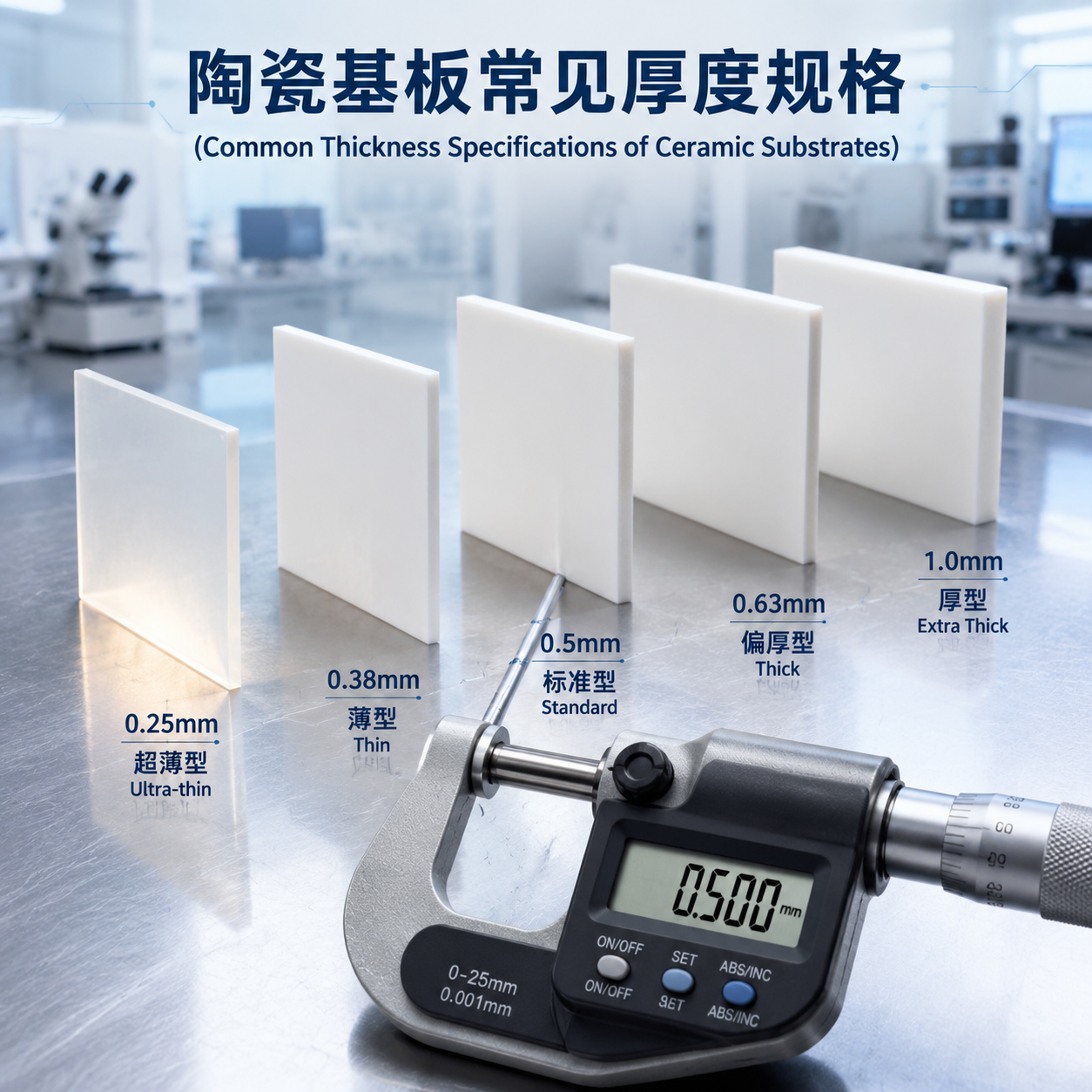 五种常见陶瓷基板厚度规格的实物对比，包括0.25mm、0.38mm、0.5mm、0.63mm和1.0mm，其中一块正被千分尺测量，直观展示了不同厚度的物理差异。
