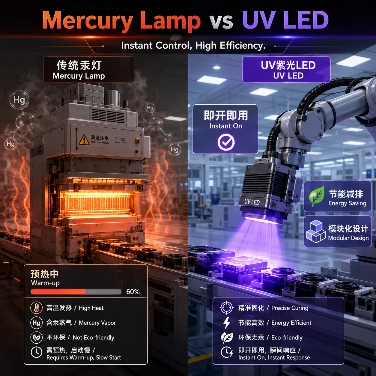 UV紫光LED灯珠与传统汞灯在自动化生产线中的对比，展示LED即开即用、模块化、节能等优势