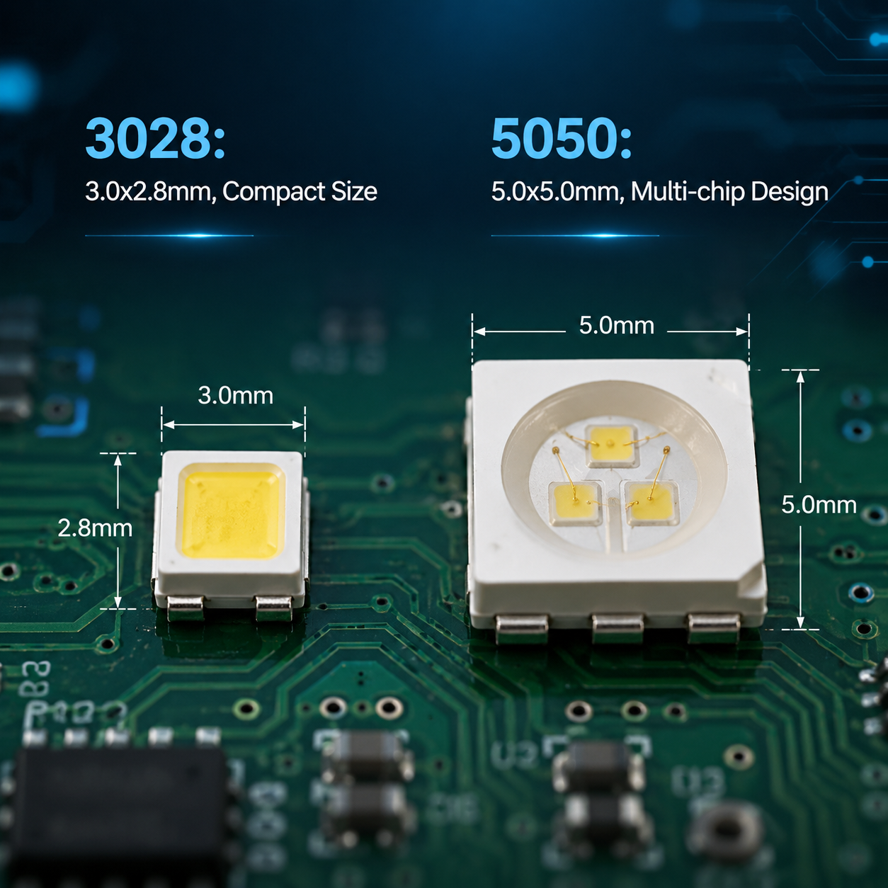 3028灯珠与5050灯珠尺寸及内部结构对比图，展示3.0x2.8mm的3028单芯灯珠和5.0x5.0mm的多芯5050灯珠。