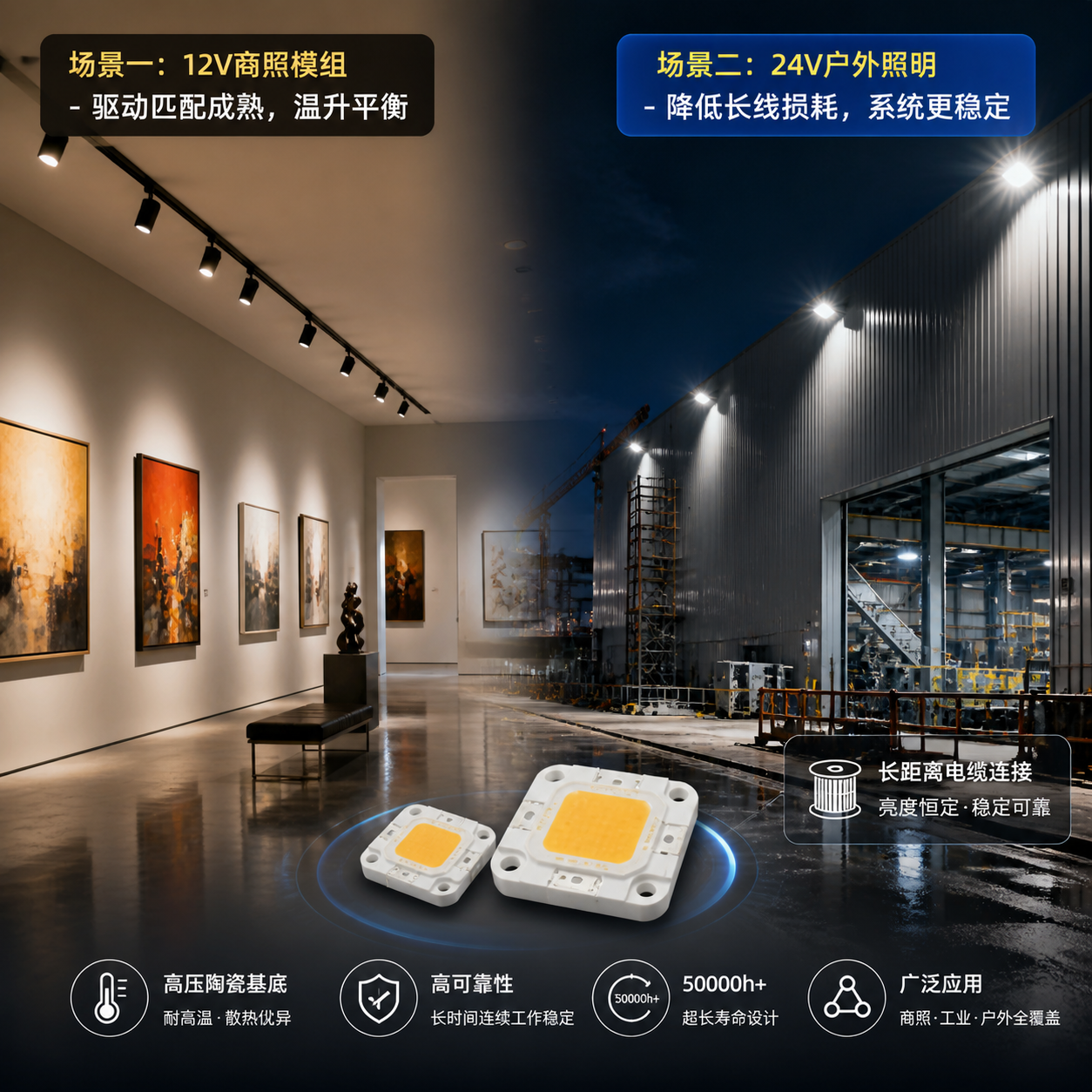高压陶瓷灯珠的真实应用场景图，左侧展示12V陶瓷灯珠在室内商照模组中的应用，右侧展示24V陶瓷灯珠在户外工业照明（如投光灯）中如何降低长线损耗并保持系统稳定。