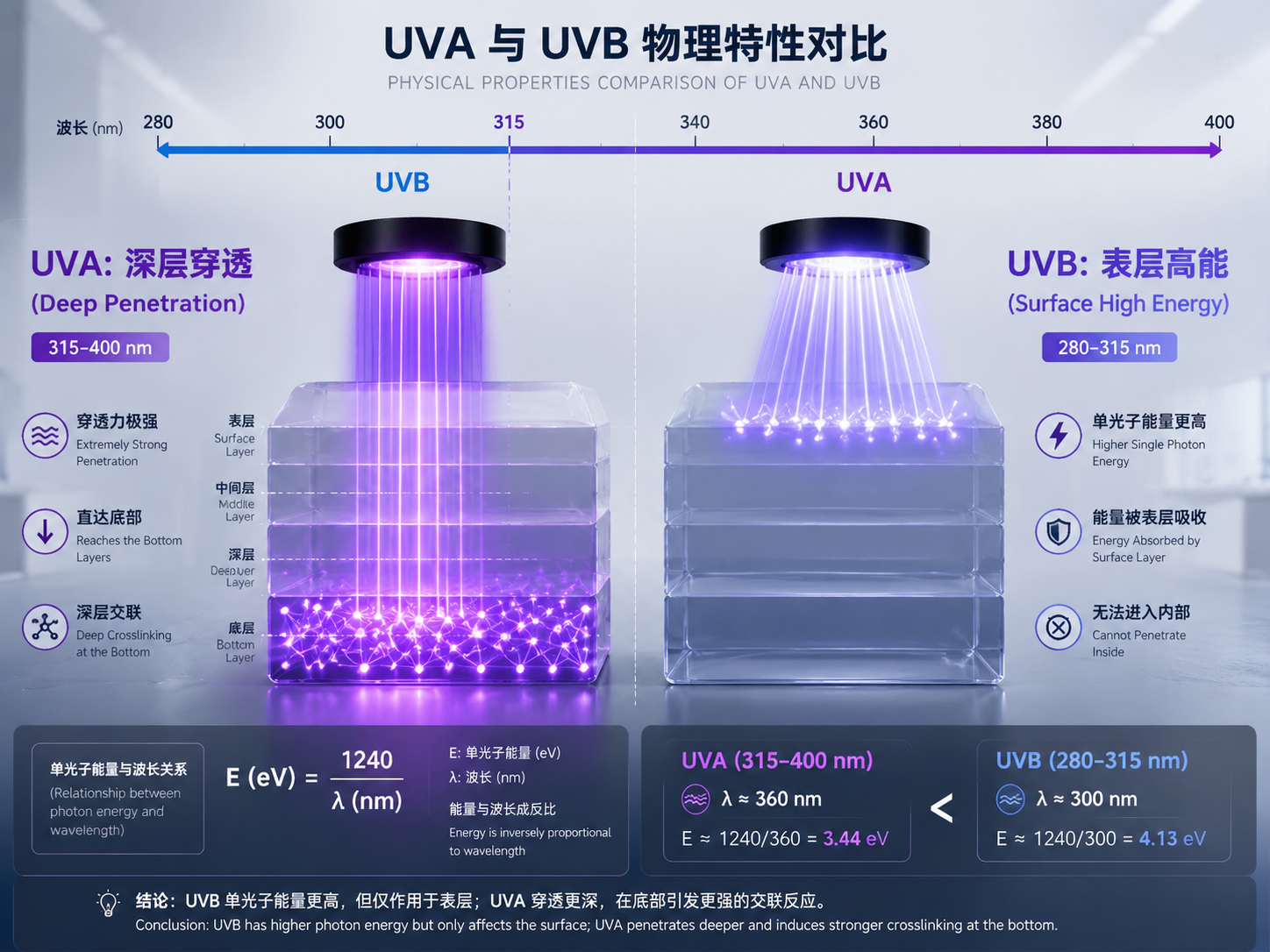 UVA与UVB波长对比示意图：展示UVA深层穿透（315-400nm）和UVB表层高能（280-315nm）的物理特性，及其在材料中的不同作用深度