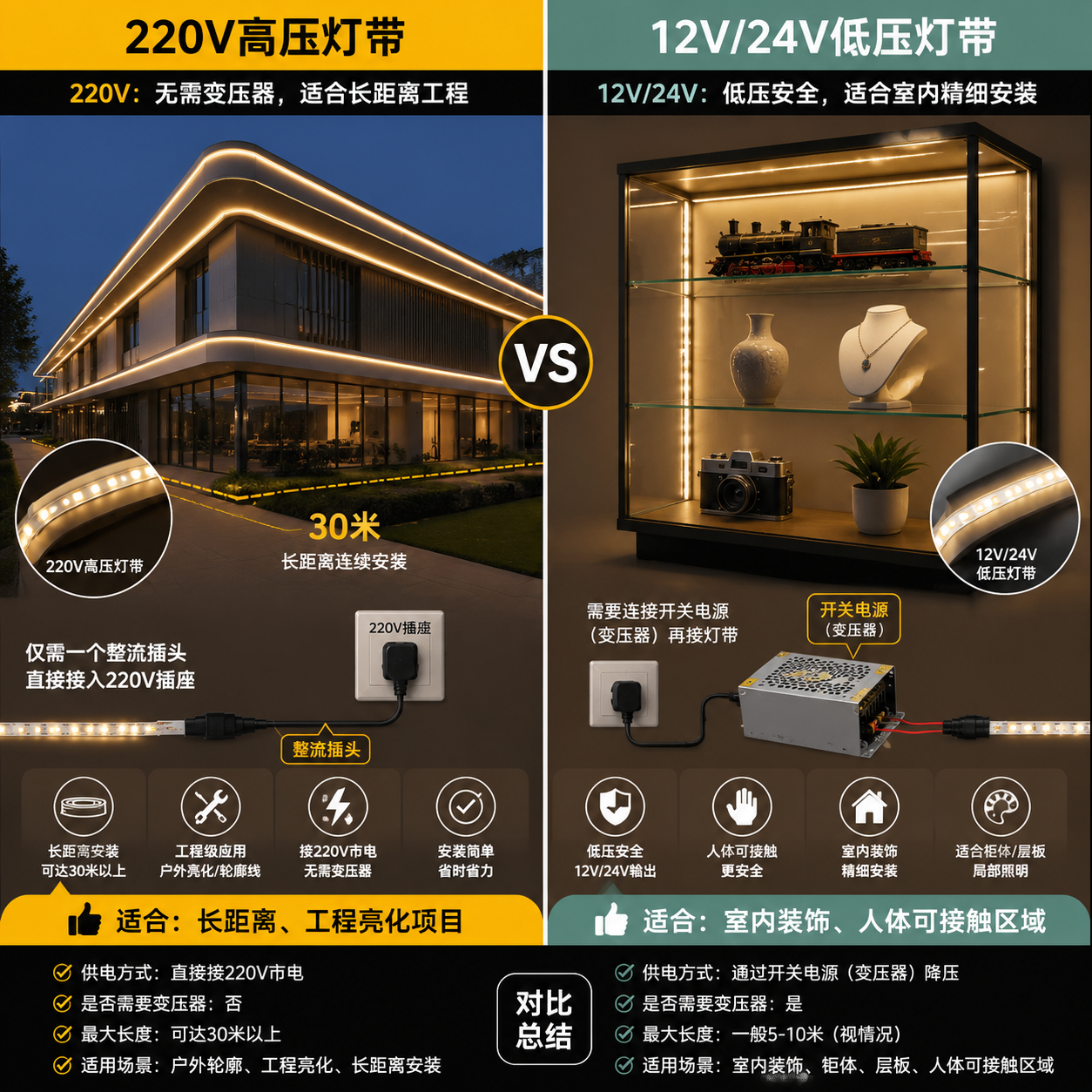 220V高压灯带与12V/24V低压灯带的安装与应用场景对比图，强调220V适合长距离工程亮化，低压更适合室内精细安装。