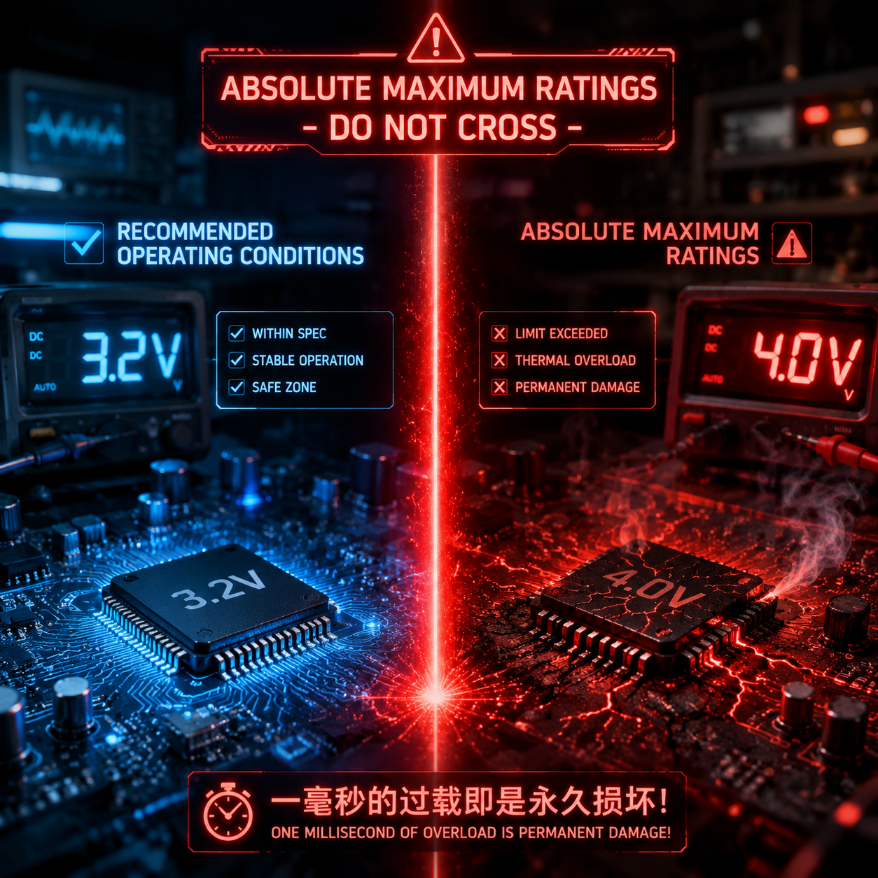 一张左右对比图,左侧显示电子元器件在推荐工作电压3.2V下稳定运行,右侧则显示芯片在4.0V极限电压下击穿损坏并冒烟,中间一条红线警示‘ABSOLUTE MAXIMUM RATINGS - DO NOT CROSS’,形象说明了越界即毁的风险。