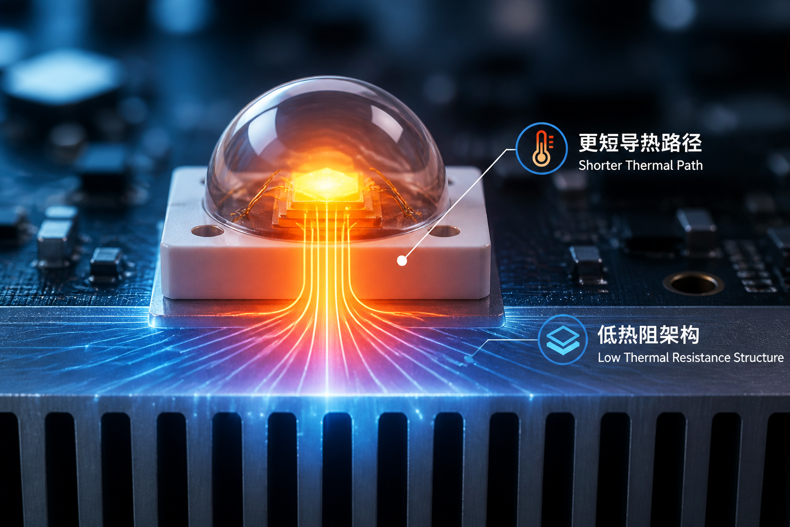 高功率散热模组陶瓷灯珠微距图，展示其更短导热路径和低热阻架构，芯片热量高效导出