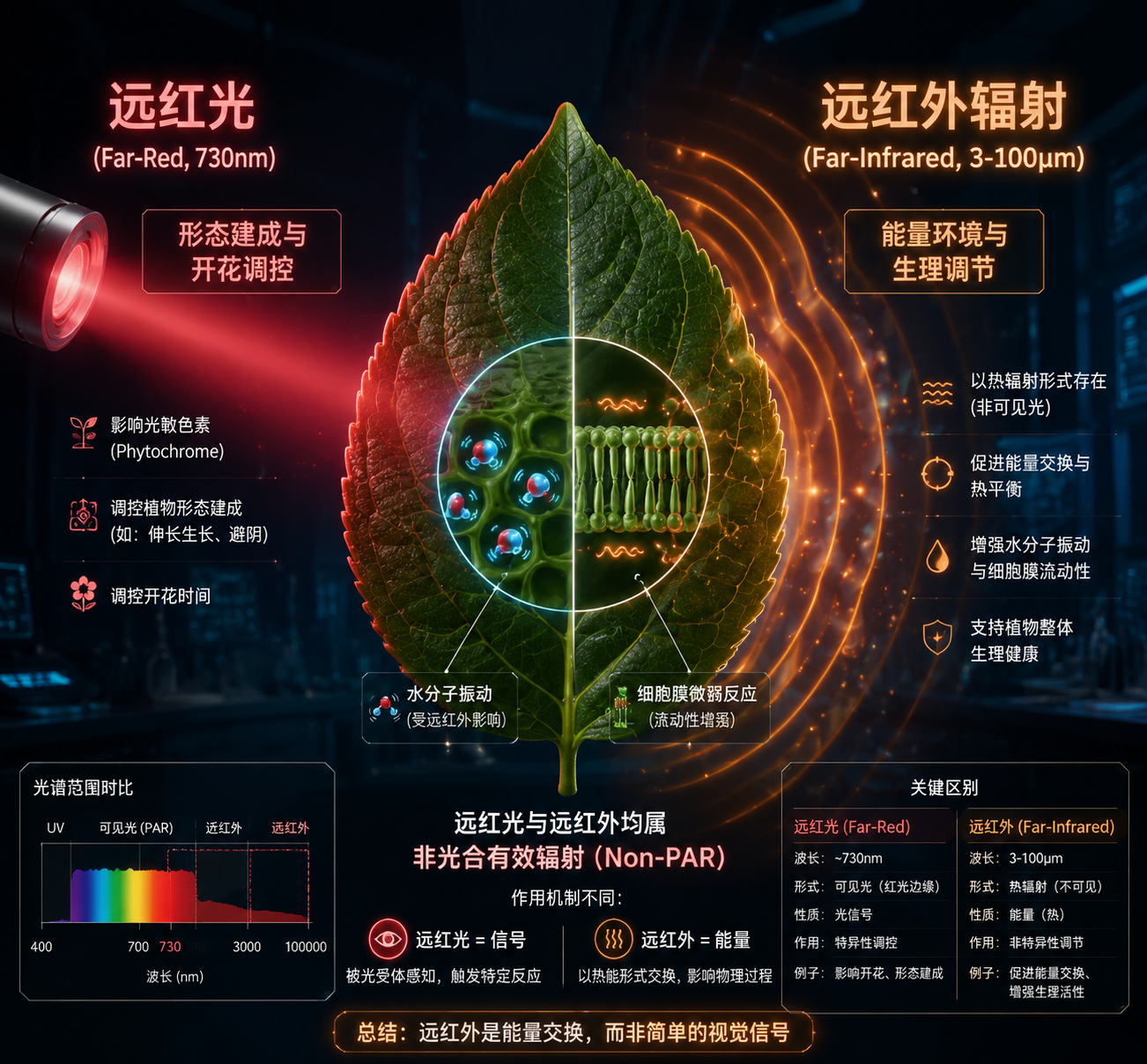 一张科技概念图,展示了远红光(730nm)与远红外辐射(3-100μm)对植物叶片作用机制的区别,强调远红光影响形态建成,远红外作为能量环境影响水分子振动和细胞反应,而非光合有效辐射。