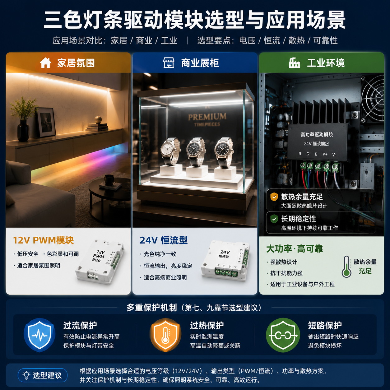 三色灯条驱动模块在家庭、商业和工业场景中的选型与应用对比,强调电压、恒流与散热等关键因素