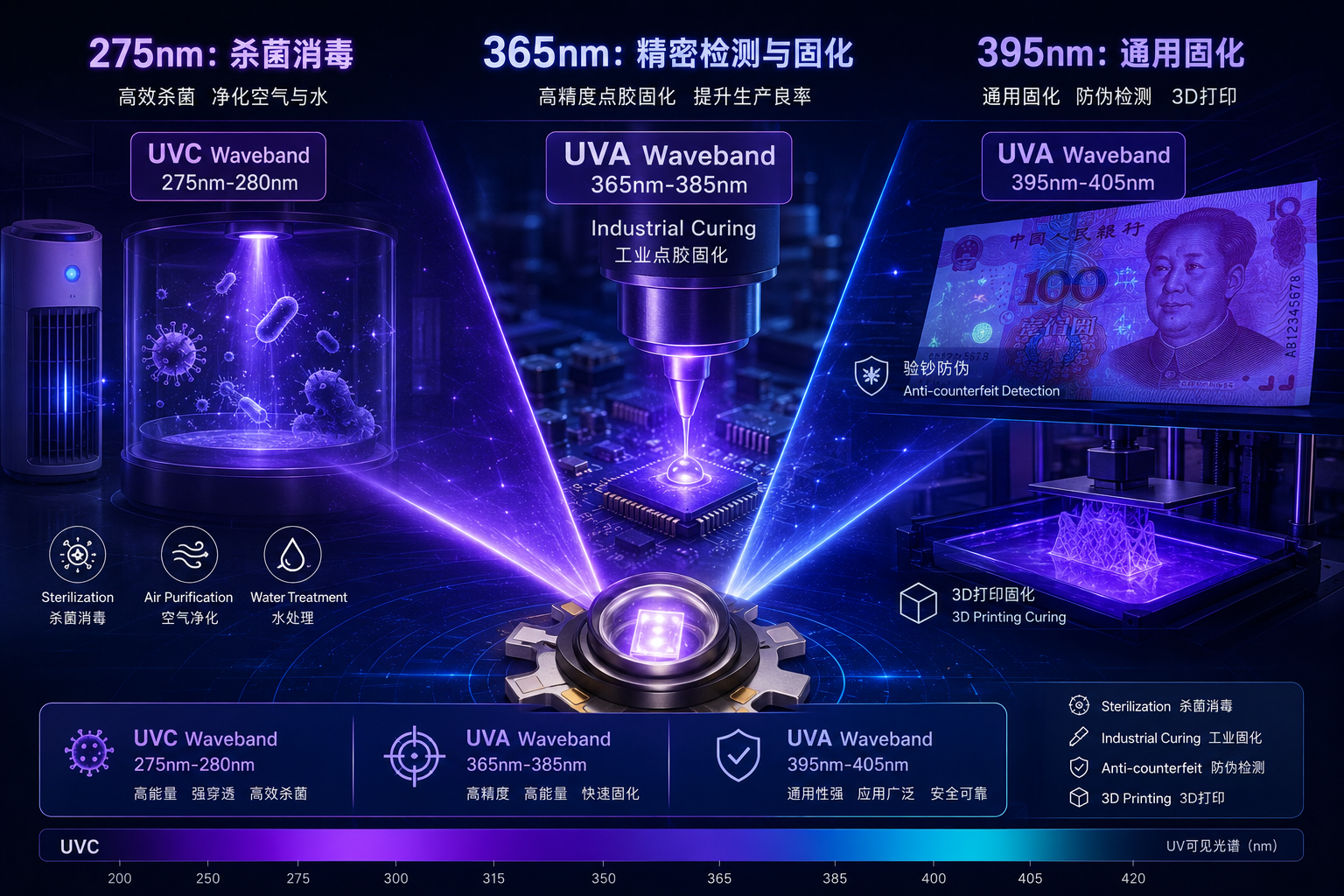 UV紫光LED灯珠不同波长（275nm, 365nm, 395nm）及其在杀菌、精密固化、检测、3D打印等应用场景的示意图