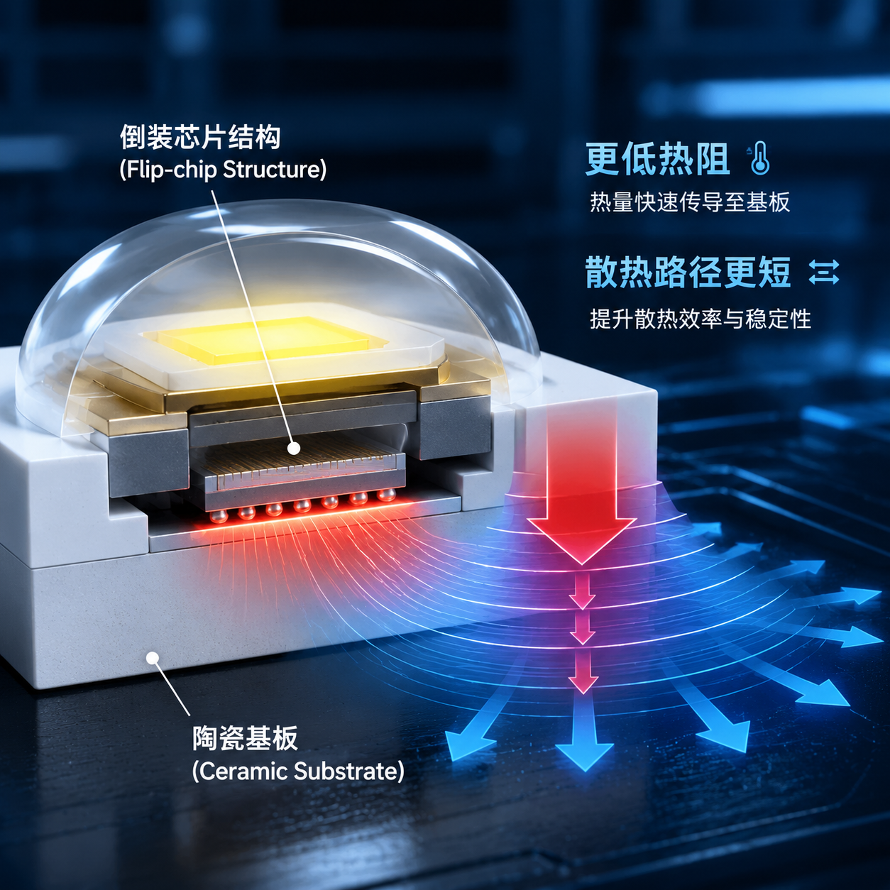 倒装陶瓷灯珠的内部结构剖面图，显示无金线倒装芯片直接贴合陶瓷基板，并通过蓝色和红色箭头示意高效散热路径。