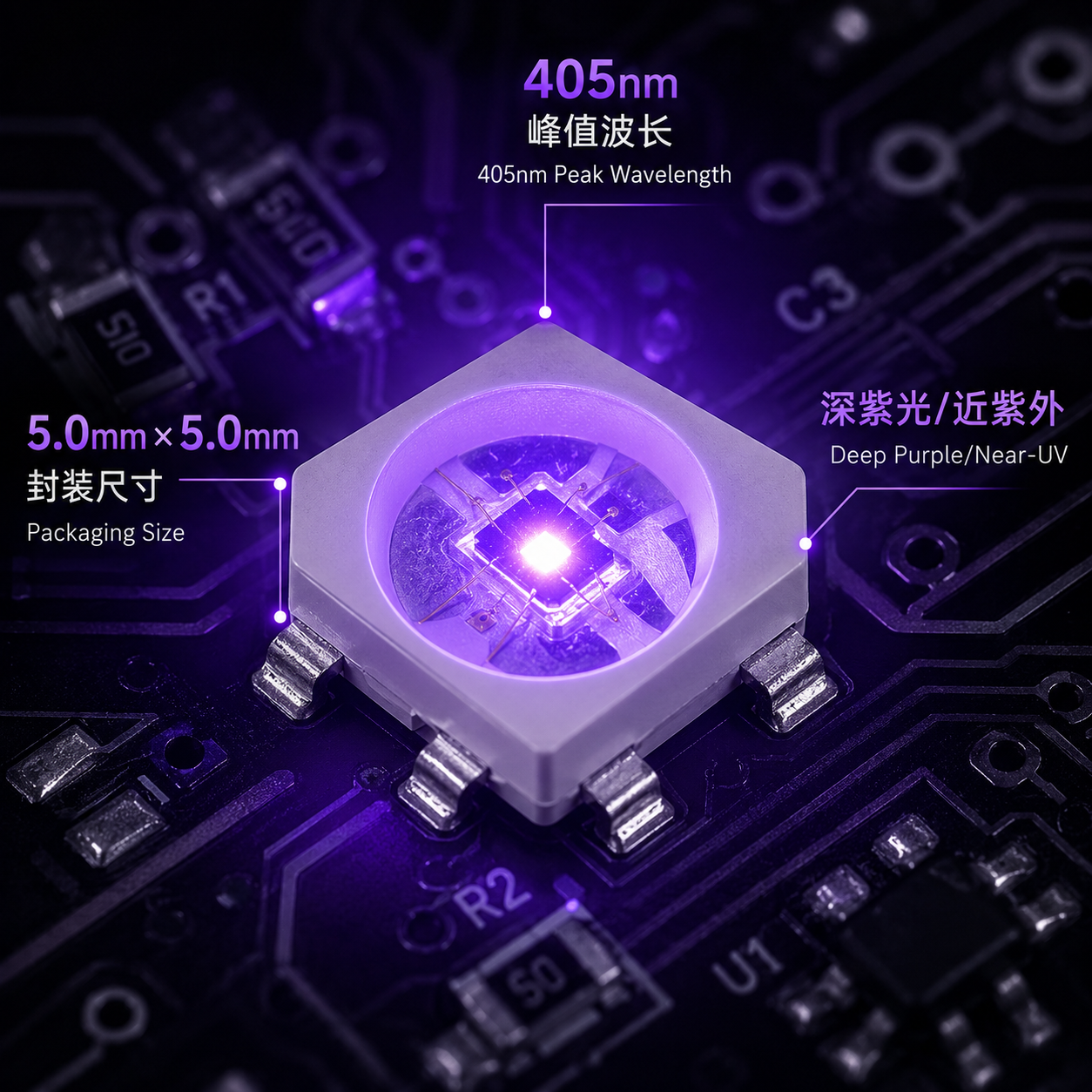 一颗点亮发出深紫光的405nm 5050 SMD LED灯珠特写,标注其5.0mm x 5.0mm封装尺寸和405nm峰值波长