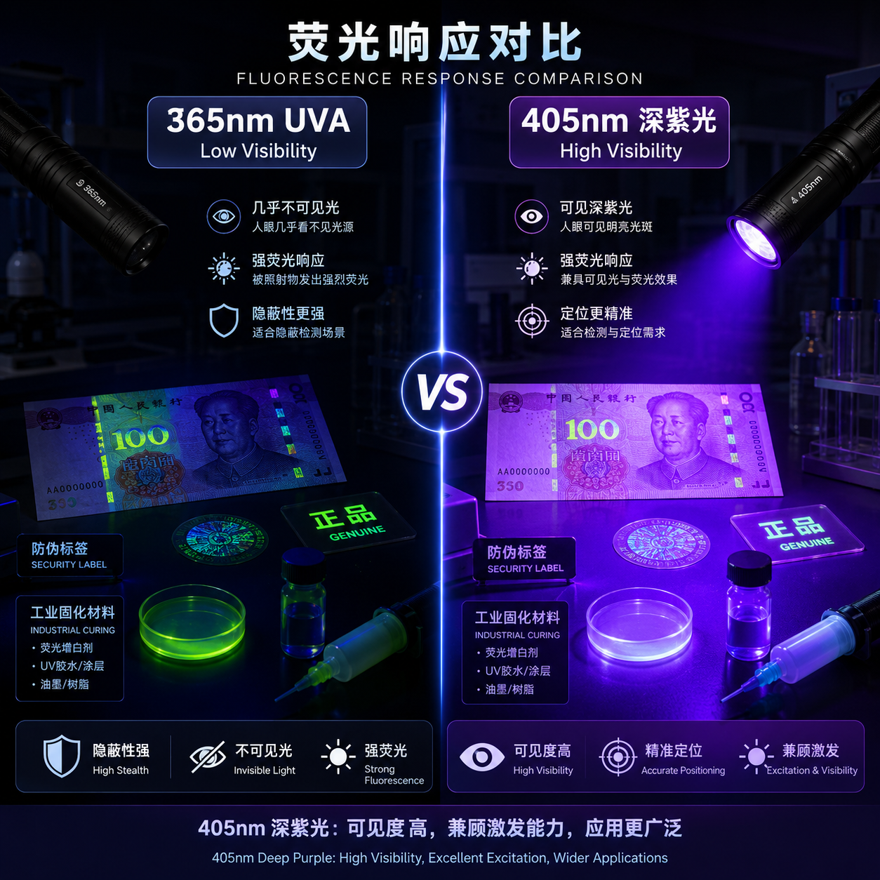 365nm UVA与405nm深紫光在防伪检测场景下的视觉对比,展示可见光强度和荧光激发差异