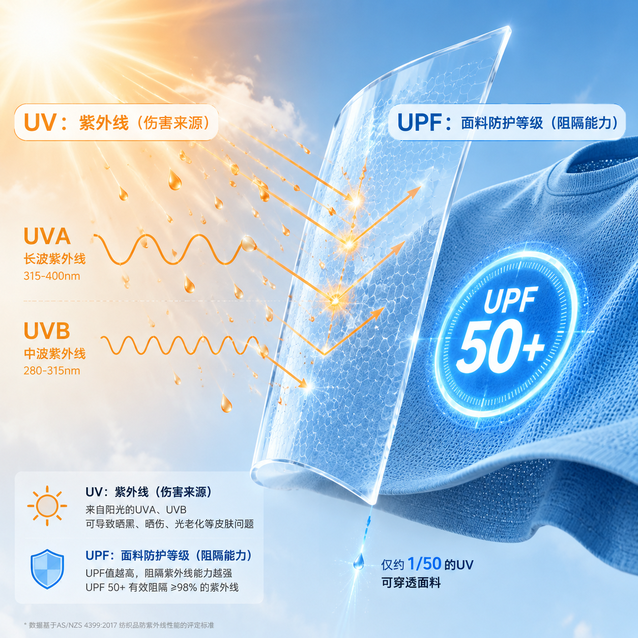 UV和UPF概念对比图:左侧为太阳紫外线(UVB/UVA)伤害来源,右侧为标注UPF 50+的防晒面料,象征面料的紫外线防护等级和阻隔能力
