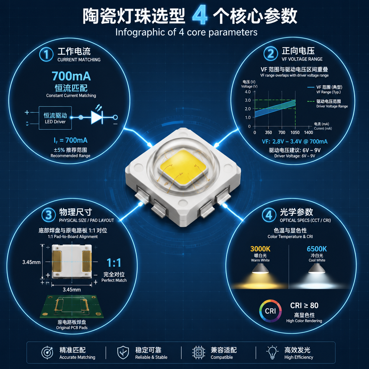 陶瓷灯珠选型的四个核心参数信息图:工作电流、正向电压、尺寸与焊盘结构、色温显指发光角度。