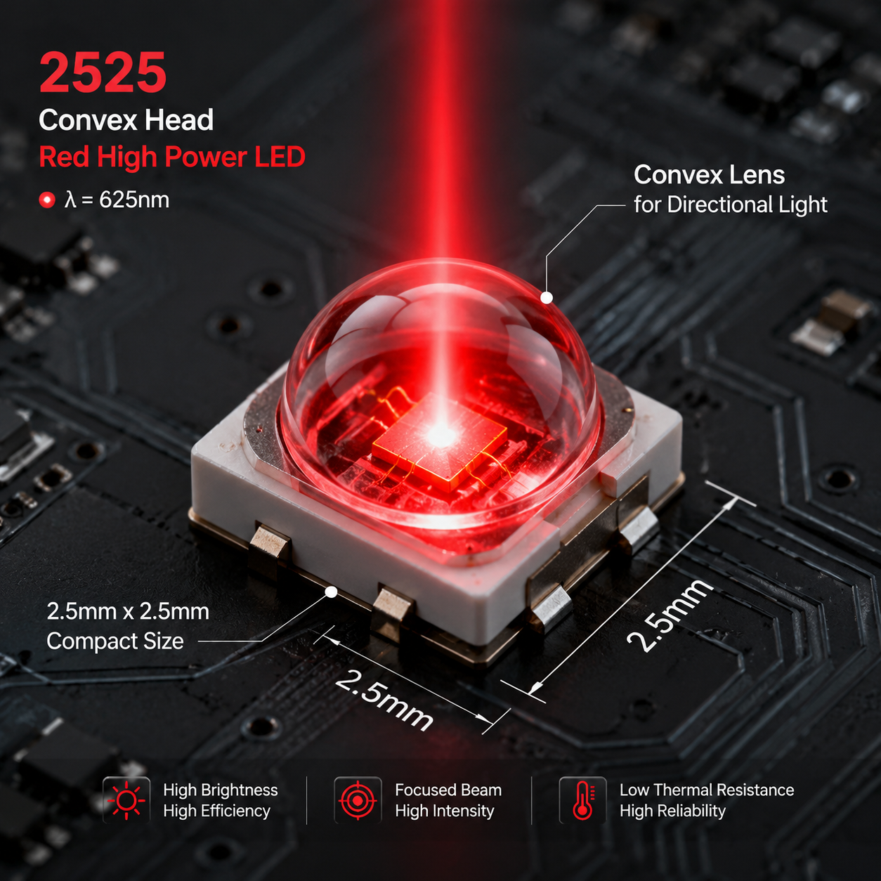 2525凸头红光大功率贴片LED灯珠特写，展示2.5x2.5mm尺寸、凸头结构及其集中红色发光特性