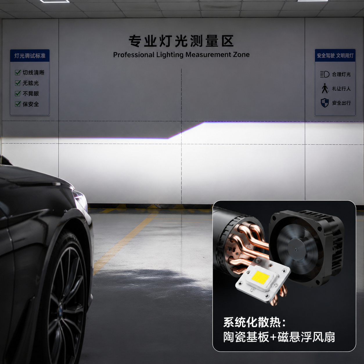 专业车灯测光图：展示合规陶瓷灯珠大灯投射的锐利明暗截止线，确保不眩光对向车辆；同时展示陶瓷基板配合磁悬浮风扇的系统化高效散热方案。