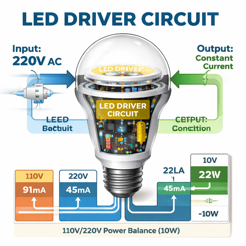 220V LED球泡灯内部驱动电路剖面示意图，解释恒流驱动器如何将高压输入（如110V/220V）转换为稳定的低压电流输出，从而保持LED芯片功率恒定在10W，说明电压翻倍功率不翻倍的原理。