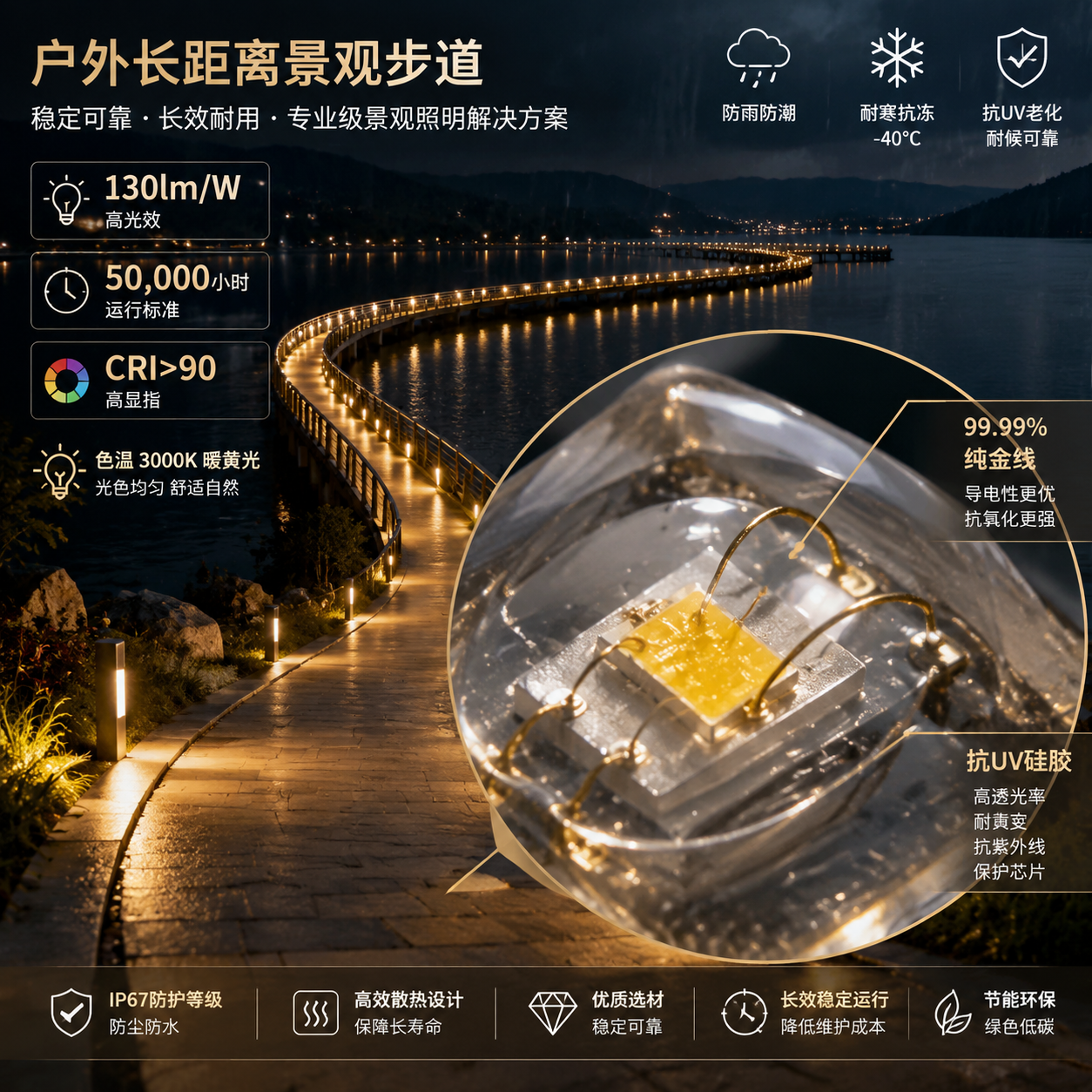 户外长距离景观步道与灯珠内部微观细节示意图，展现纯金线与抗UV硅胶，强调高光效和长寿命