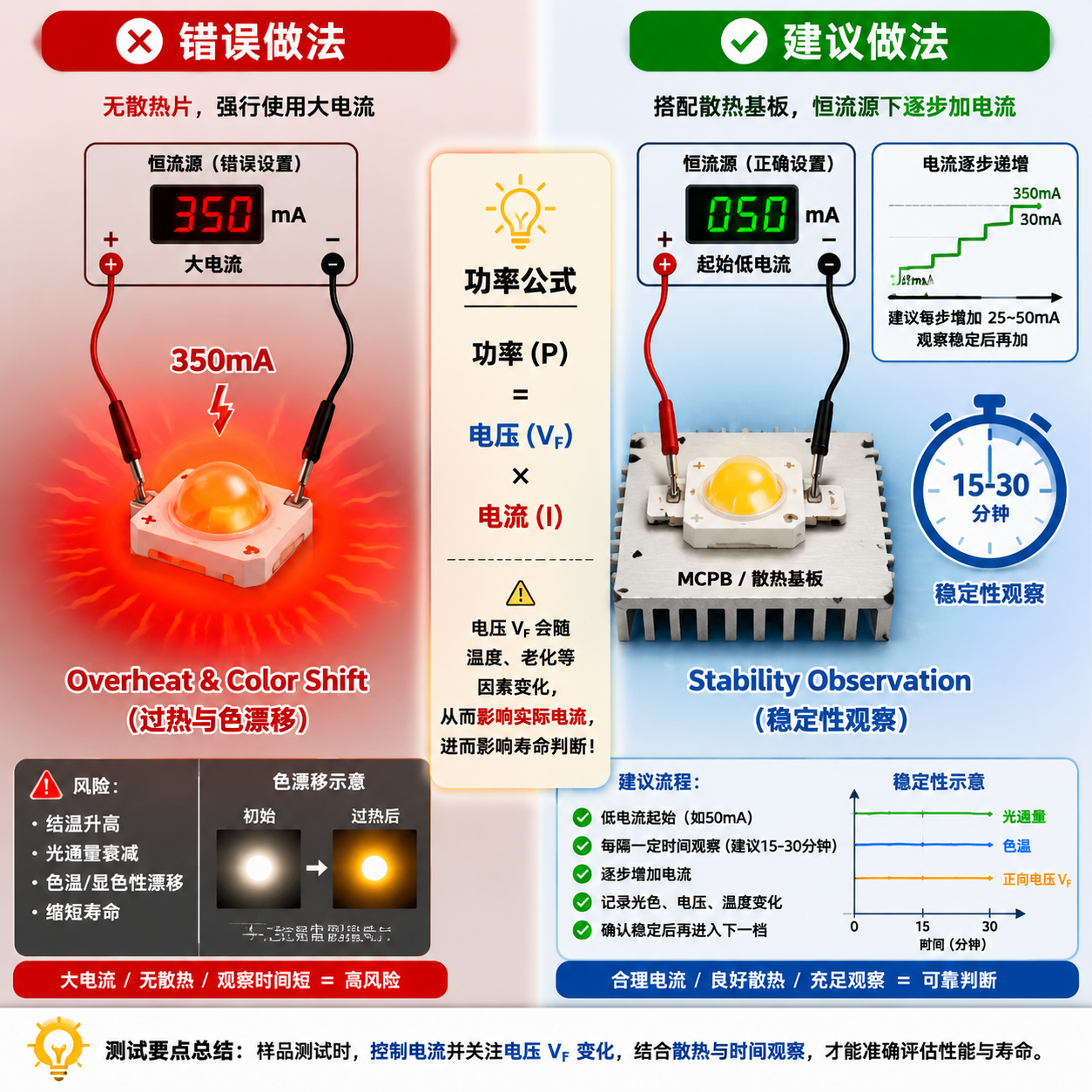 样品测试小功率陶瓷灯珠电流的正确与错误方法对比：错误做法可能导致过热色漂，正确做法强调散热和稳定性观察，并提醒功率等于电压乘以电流。