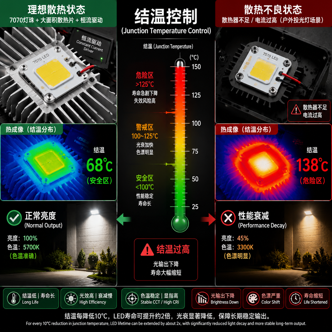 结温对7070陶瓷大功率灯珠性能影响的对比图,显示了理想散热下正常亮度和散热不良下亮度衰减与色漂现象。