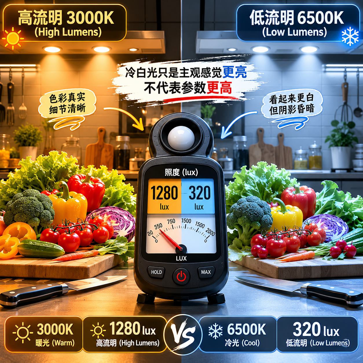 厨房操作台灯光对比:高流明3000K暖光(左)与低流明6500K冷光(右),照度计显示暖光区域更亮,揭示视觉错觉与实际照度差异。