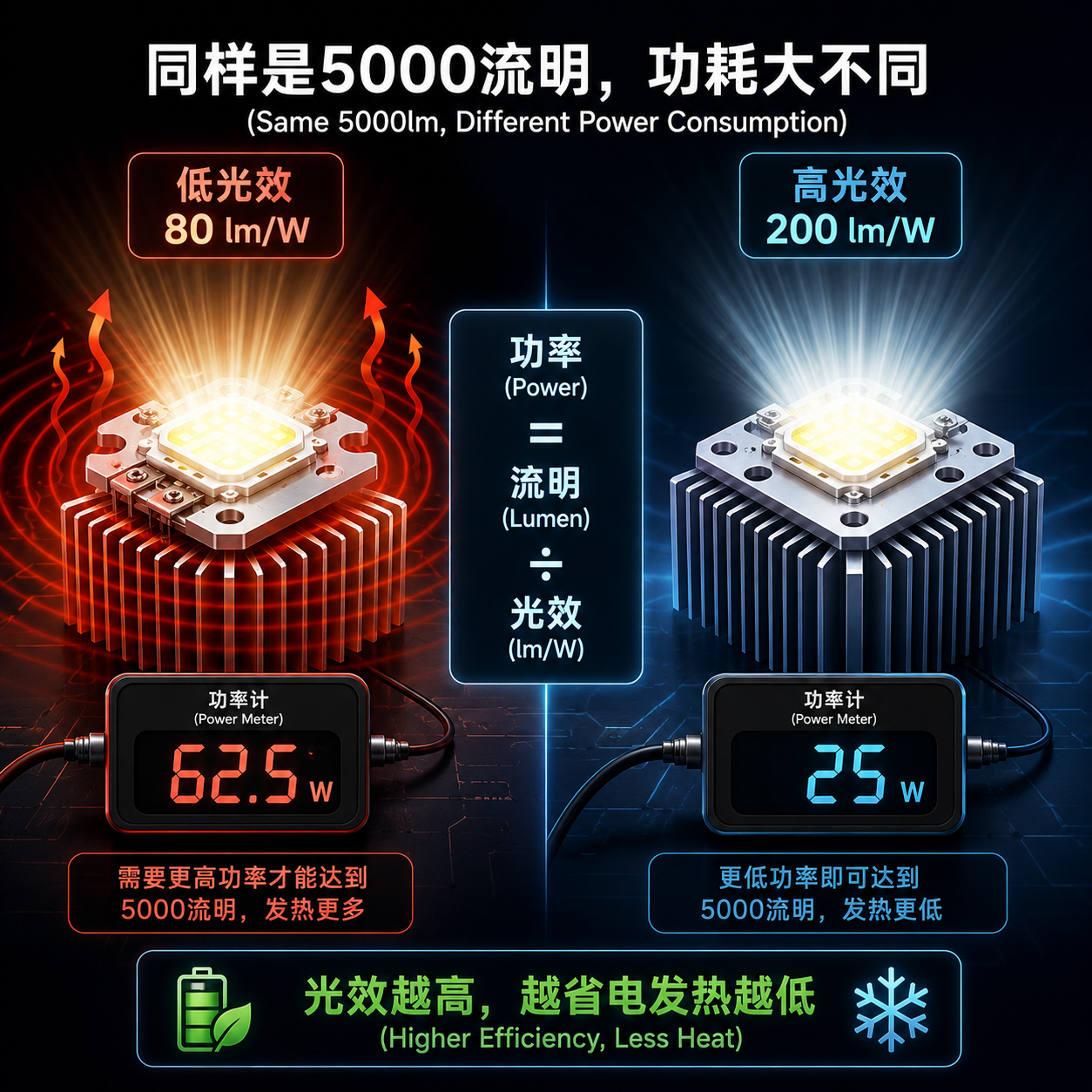 不同光效下5000流明所需的功率对比图,展示高光效更省电低发热