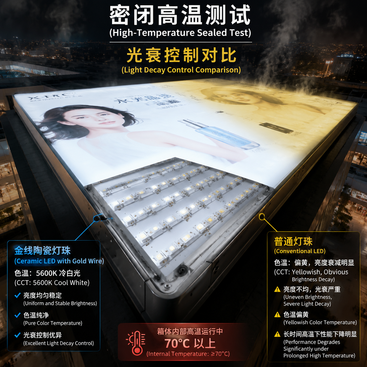 商业灯箱高温密闭环境下金线陶瓷灯珠与普通灯珠的光衰对比，展示陶瓷灯珠在长期高温中更稳定的亮度和色温