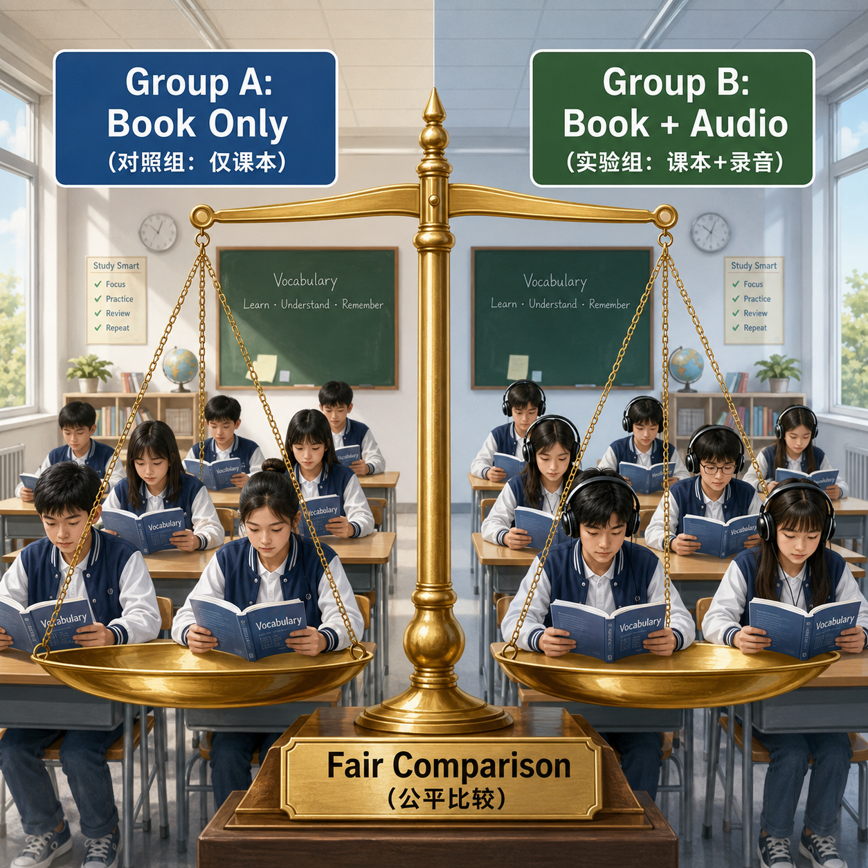 生活化场景对比图：通过“单词记忆”实验，展示随机对照试验（RCT）如何通过公平随机分组（平衡秤象征），比较“仅背单词”的对照组和“背单词+听录音”的实验组，说明其比主观经验更可信的原理。