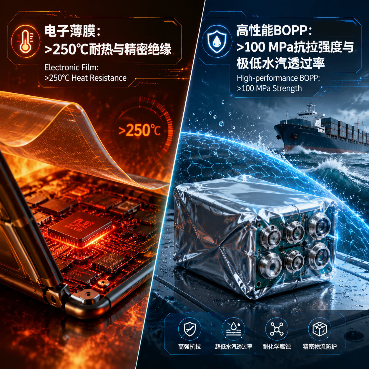 电子薄膜与高性能BOPP薄膜特性对比图:左侧展现电子薄膜耐高温及精密绝缘特性,右侧展现高性能BOPP薄膜高抗拉强度和防潮特性