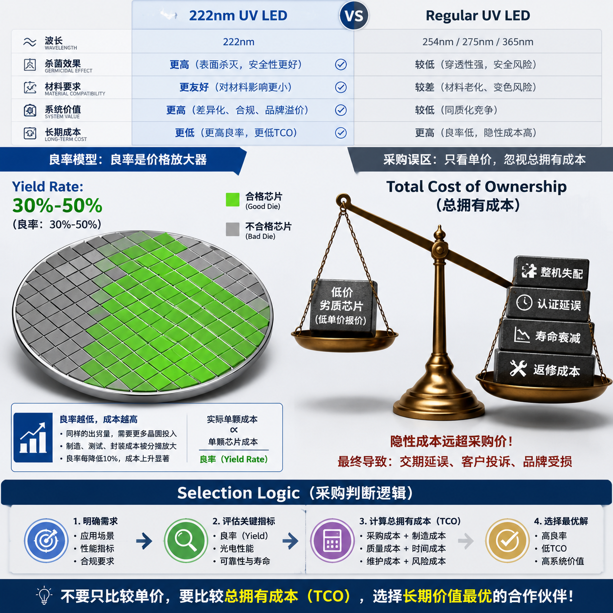 可视化插图,左侧晶圆显示30%-50%的低良率,右侧商业天平则对比低价芯片带来的高昂系统总拥有成本(整机失配、认证延误、返修等),强调采购应综合考虑而非只看单价。