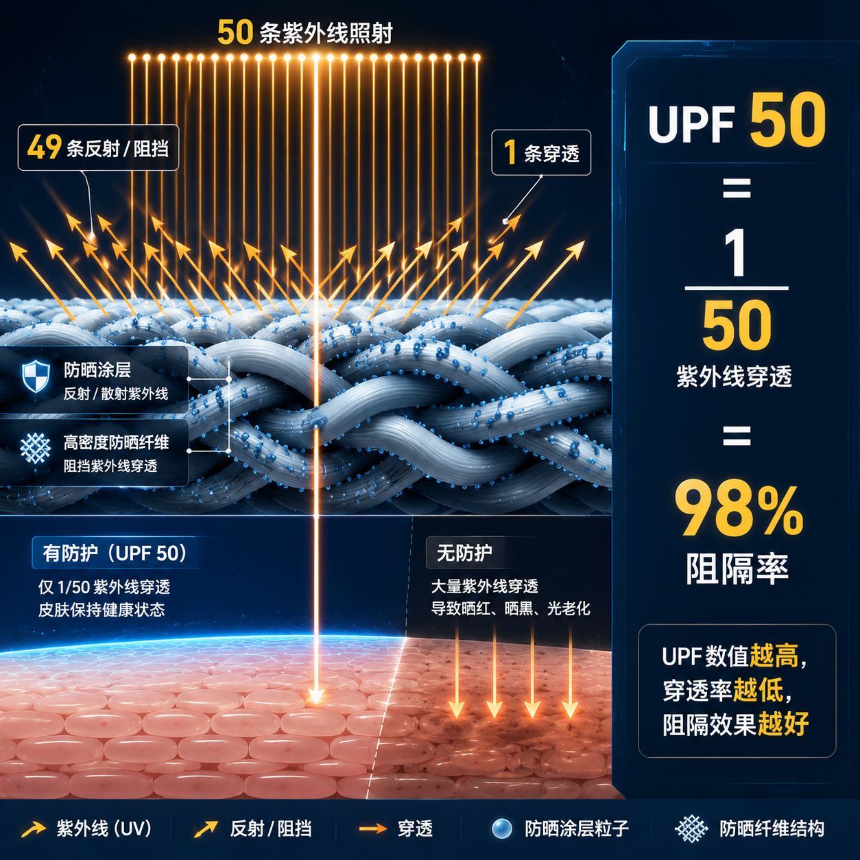 UPF 50数值含义图:50条紫外线光束照射防晒面料,其中49条被阻挡,仅1条穿透,图示UPF 50代表1/50紫外线穿透率,即98%阻隔率