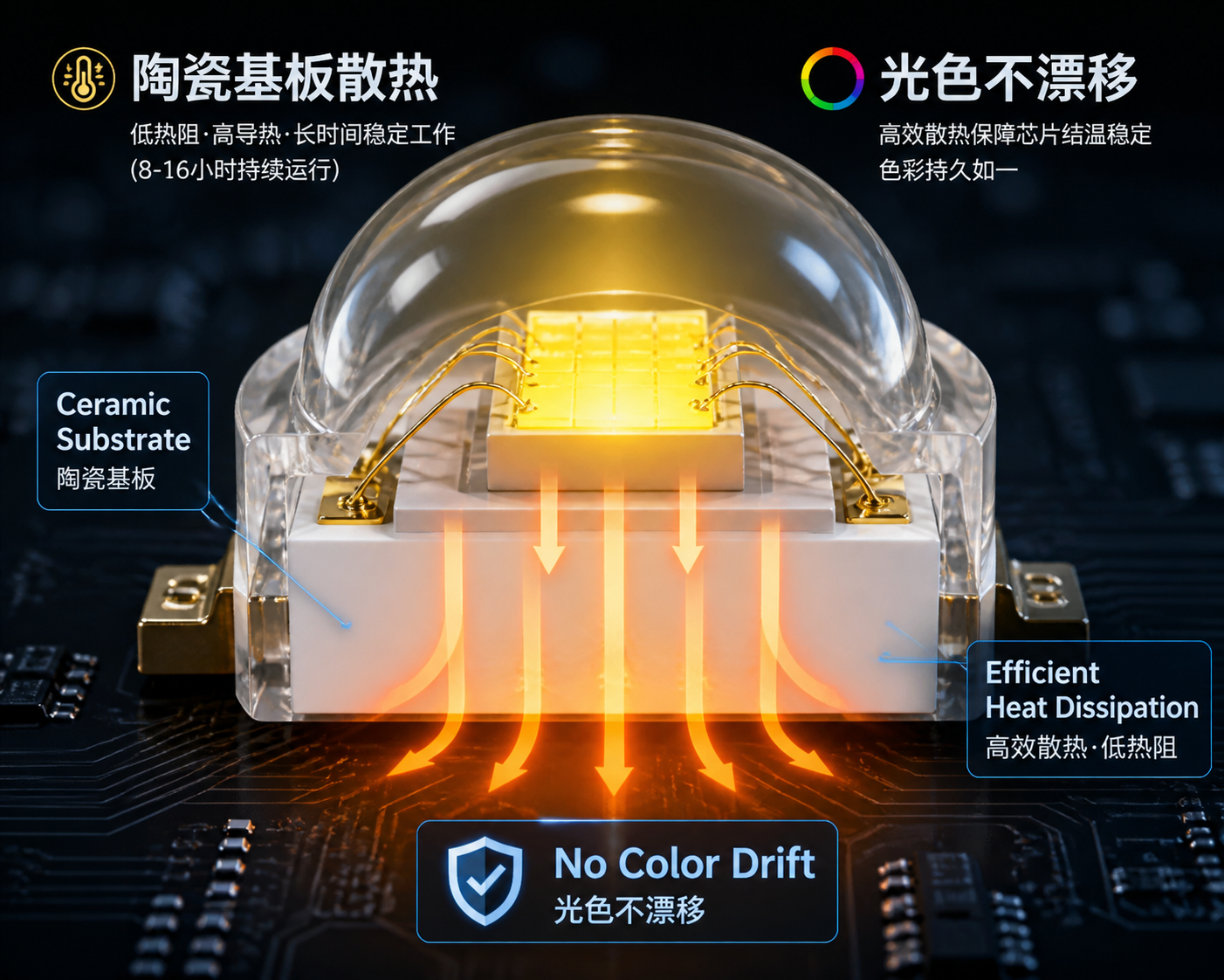高色域陶瓷灯珠内部结构微距剖析图，展示陶瓷基板如何高效散热，确保光色稳定不漂移。