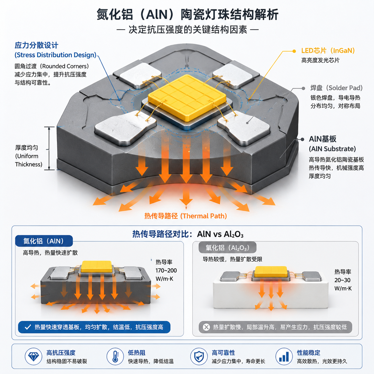 LED陶瓷灯珠内部结构剖面图，展示氮化铝基板、芯片、焊盘和应力分散设计，以及热量传导路径，对比氧化铝与氮化铝的特性。